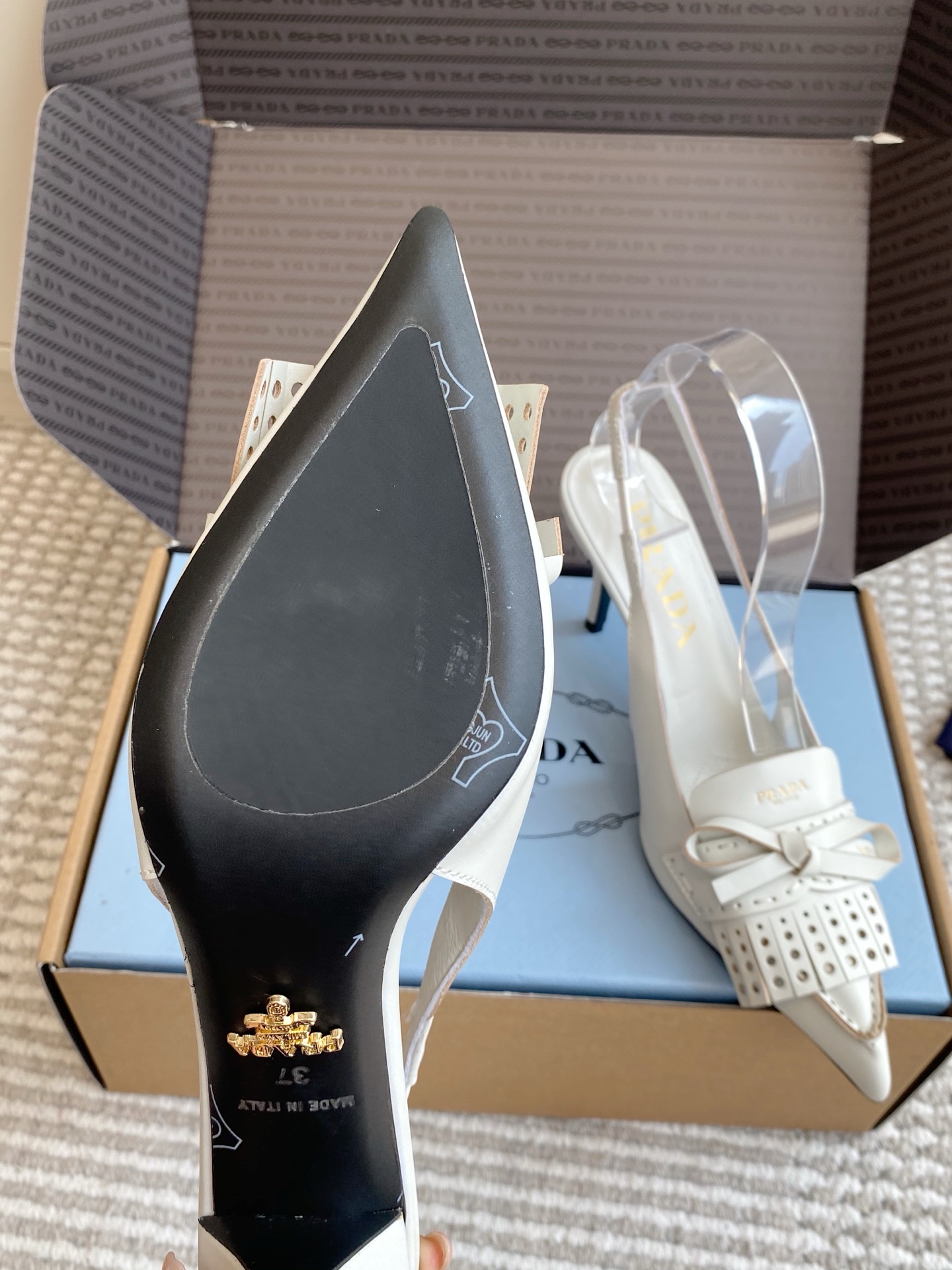 Prada  Fringe Bow Pointed-Toe Slingback Heels 