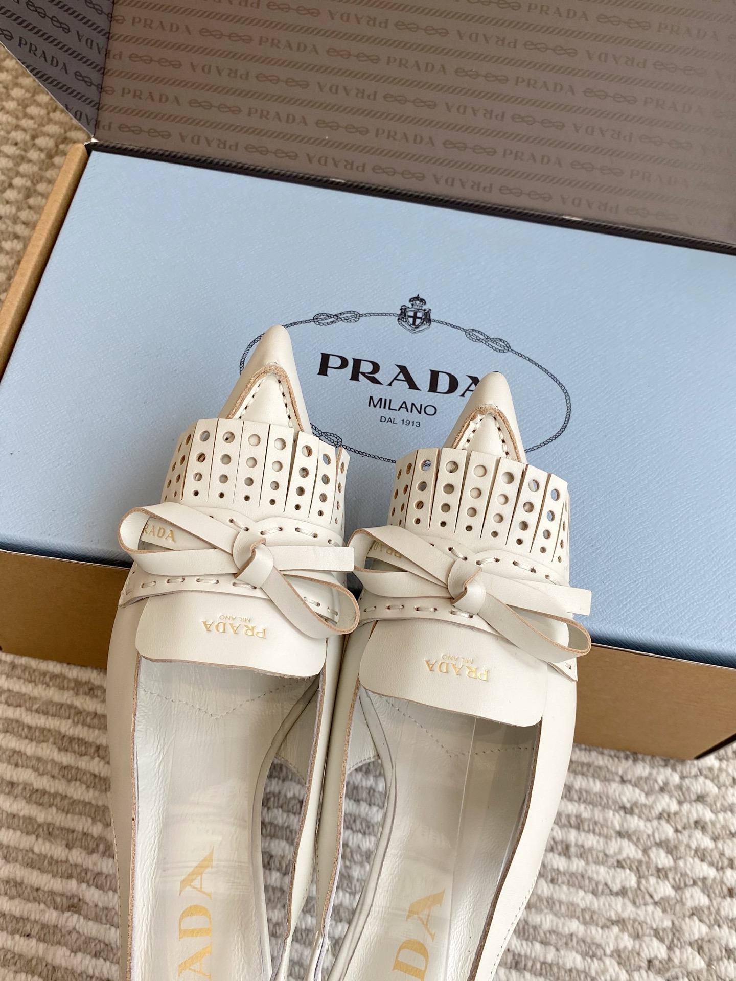 Prada  Fringe Bow Pointed-Toe Slingback Heels 