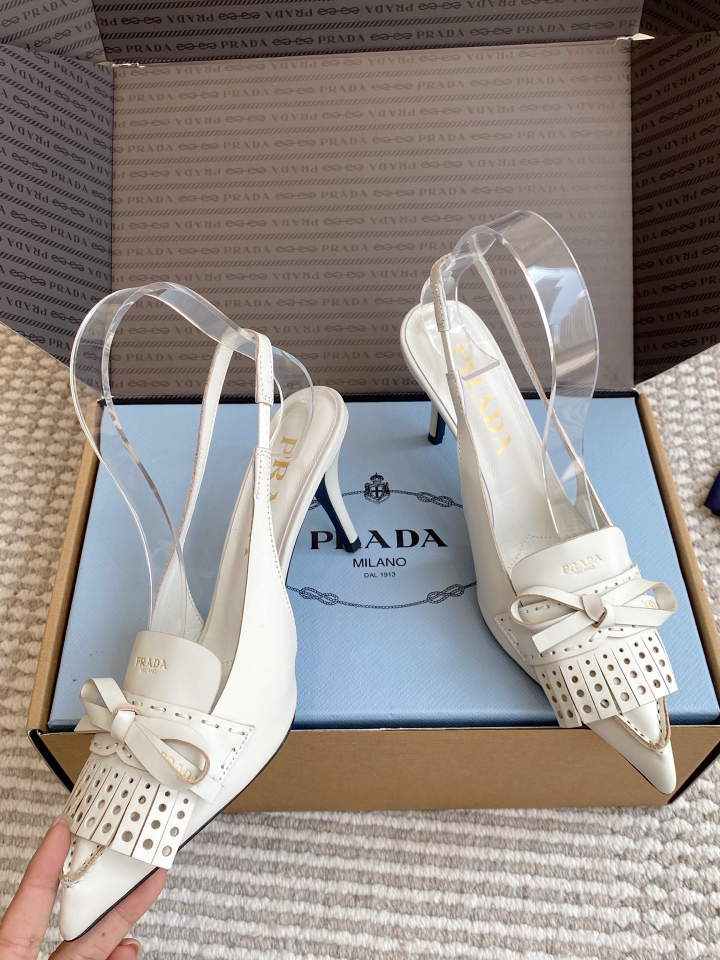 Prada  Fringe Bow Pointed-Toe Slingback Heels 