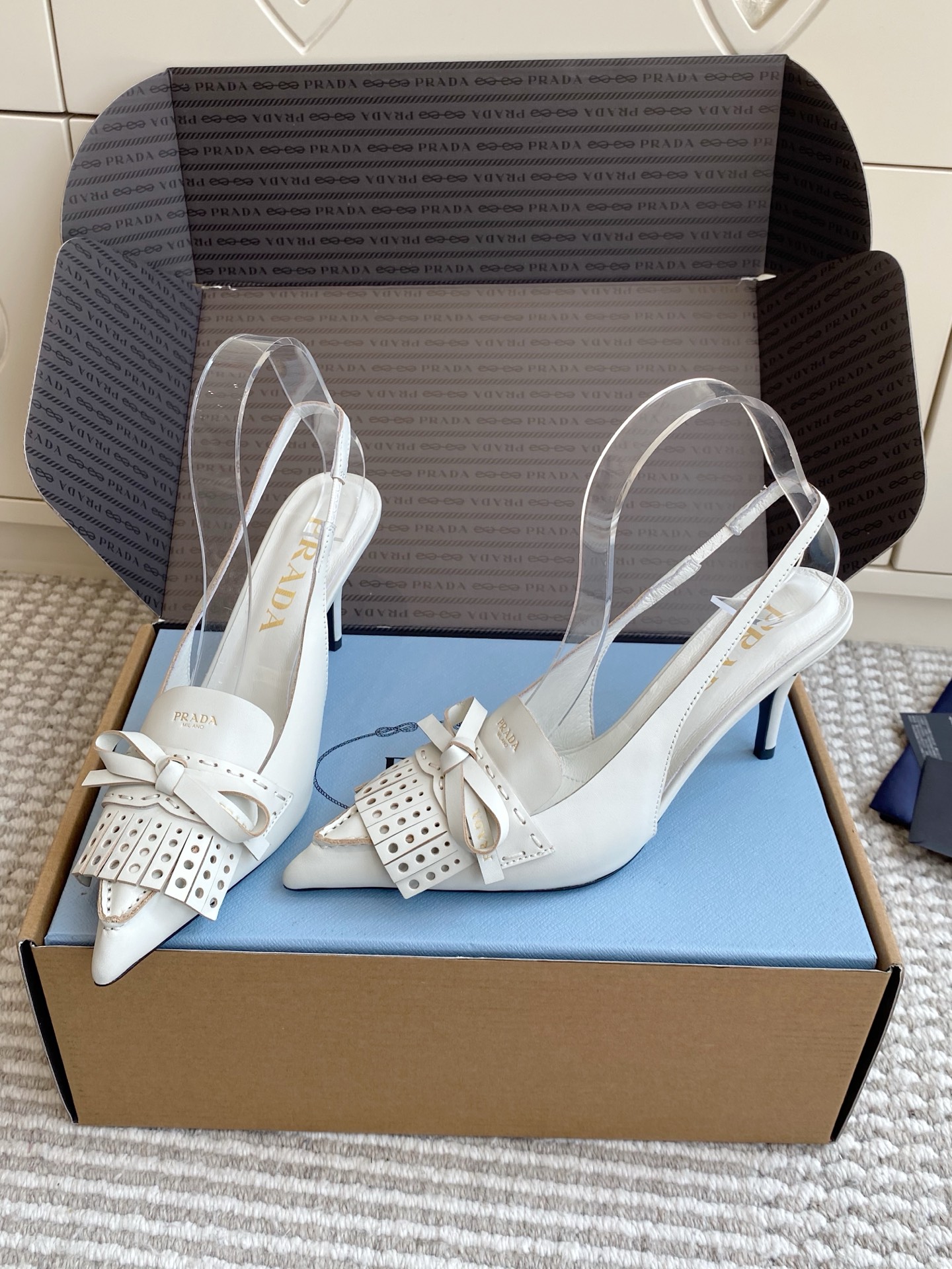 Prada  Fringe Bow Pointed-Toe Slingback Heels 