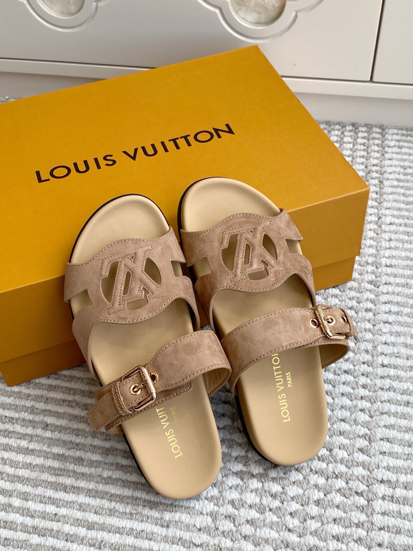LV Brown Leather Cutout Logo Slide Sandals