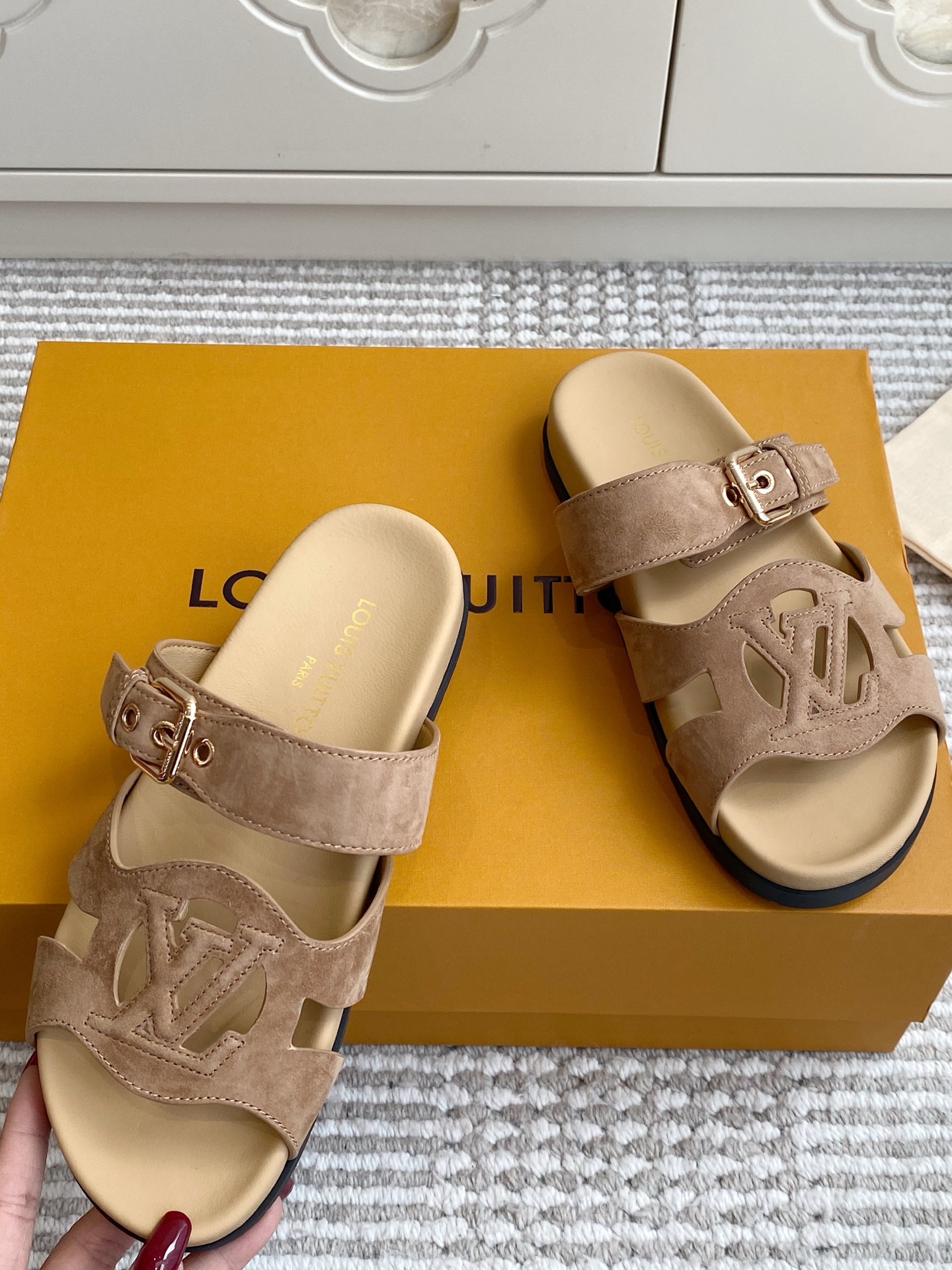 LV Brown Leather Cutout Logo Slide Sandals