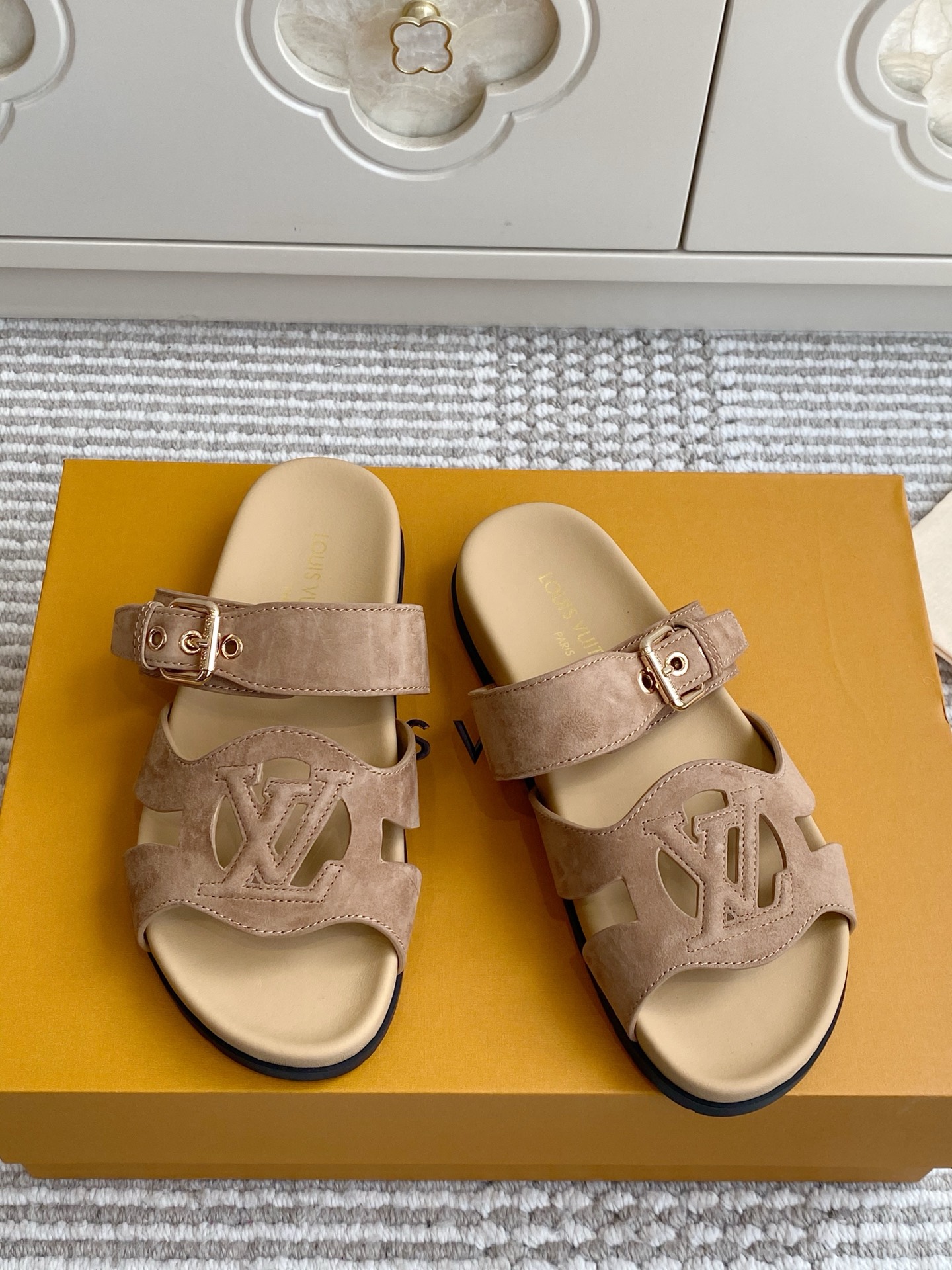 LV Brown Leather Cutout Logo Slide Sandals