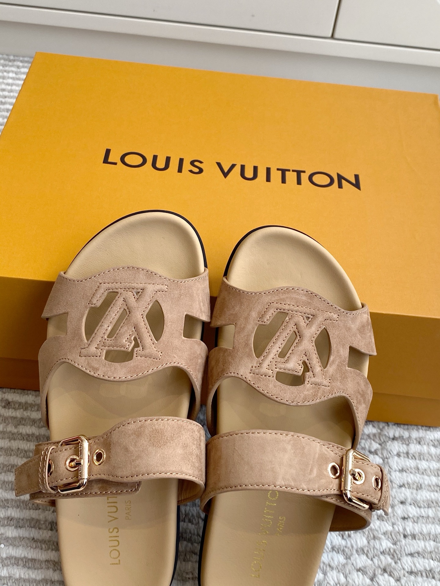LV Brown Leather Cutout Logo Slide Sandals