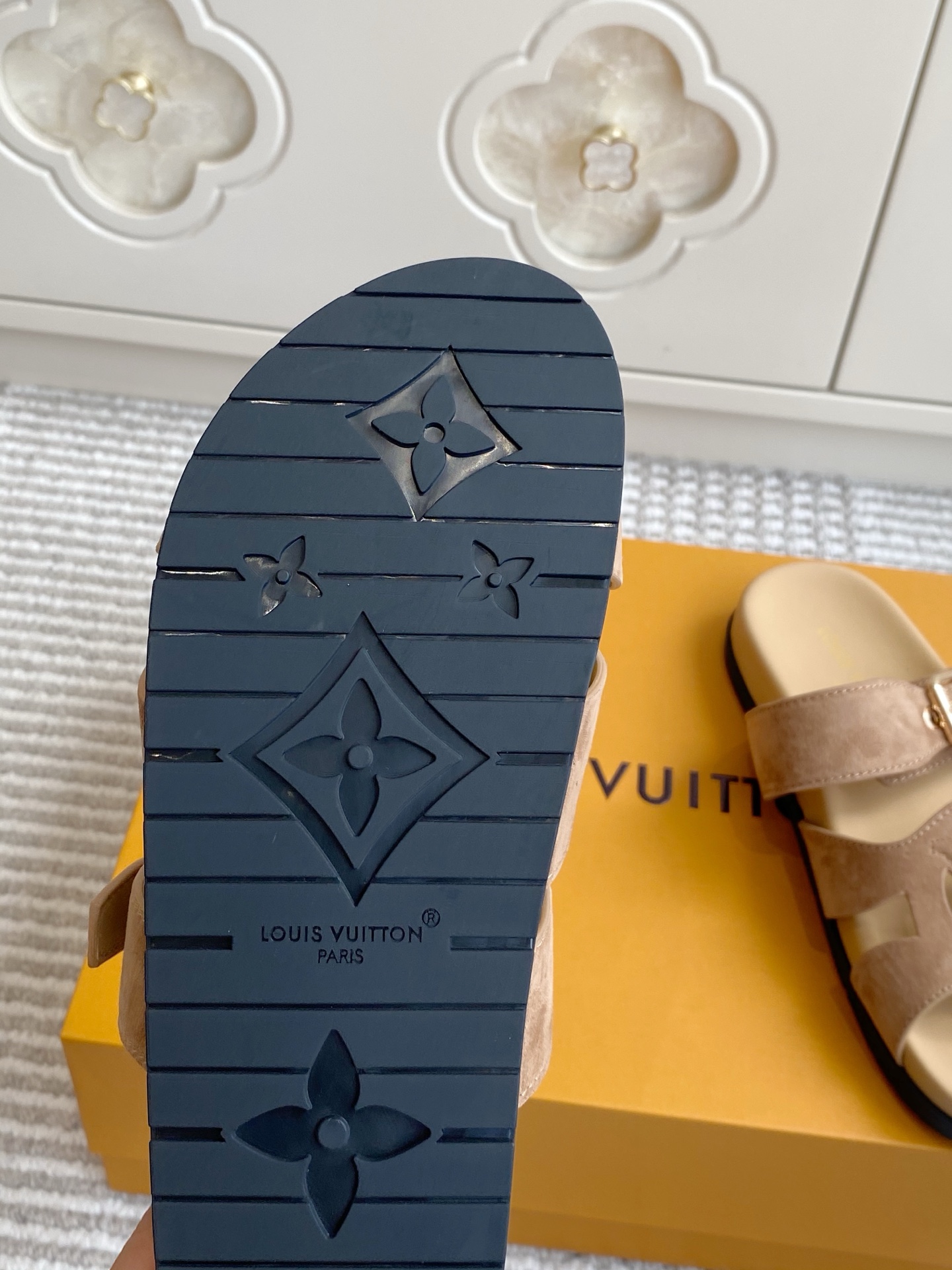 LV Brown Leather Cutout Logo Slide Sandals