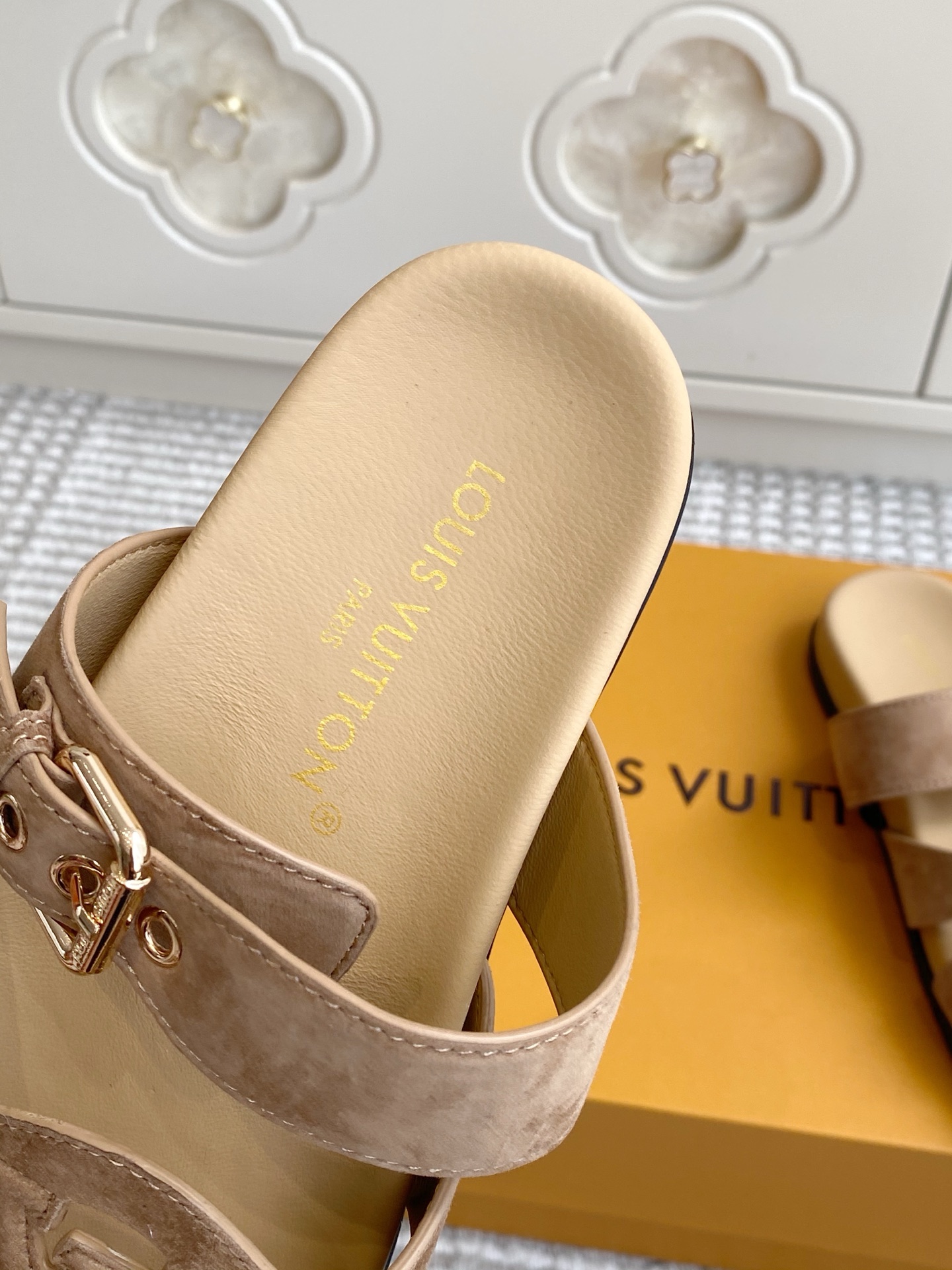 LV Brown Leather Cutout Logo Slide Sandals