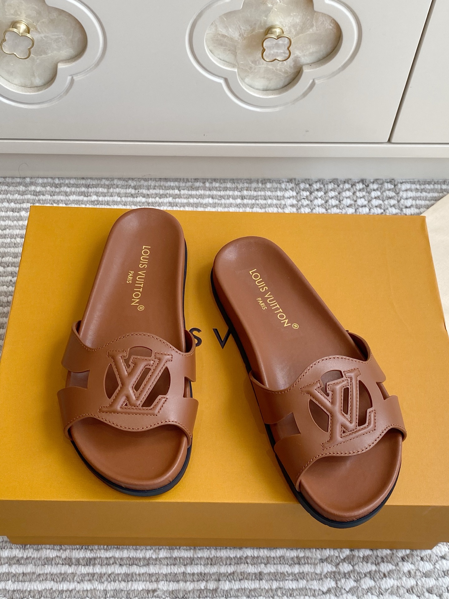 LV Brown Leather Cutout Logo Slide Sandals