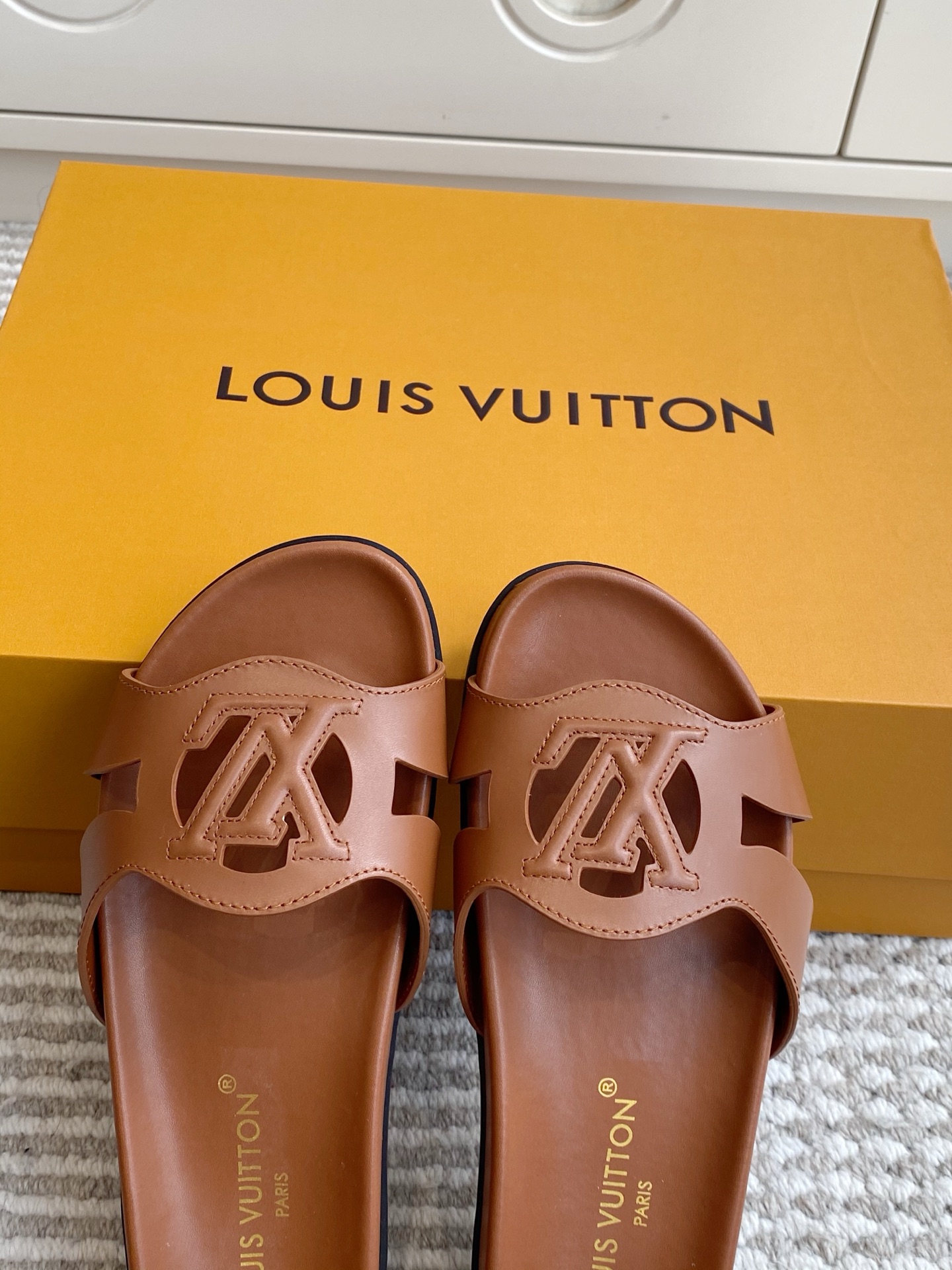 LV Brown Leather Cutout Logo Slide Sandals