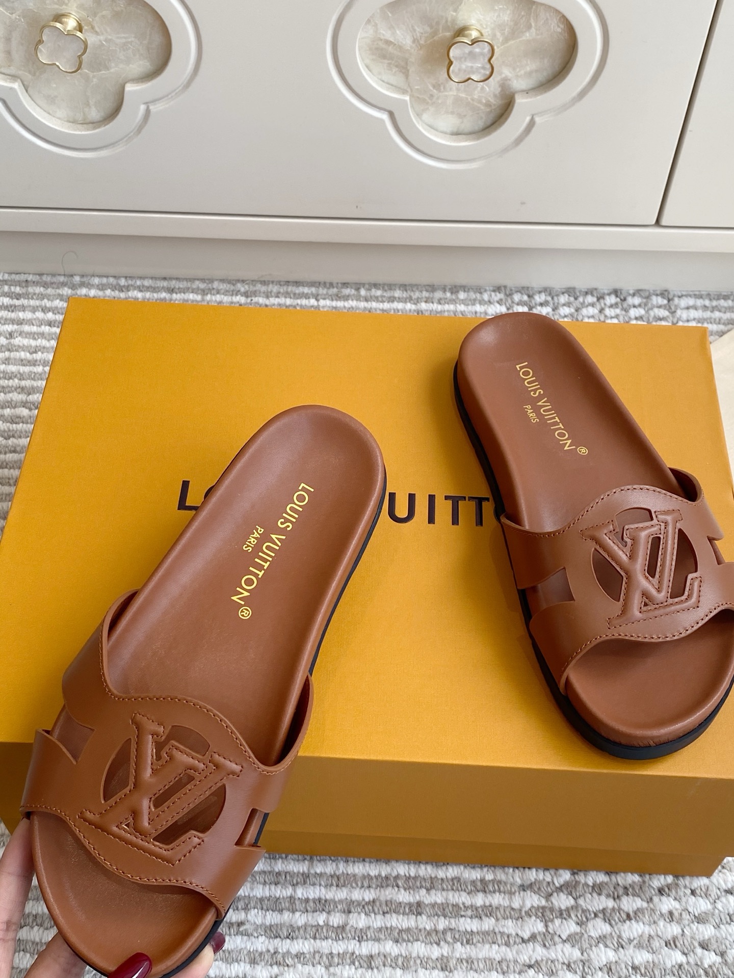 LV Brown Leather Cutout Logo Slide Sandals