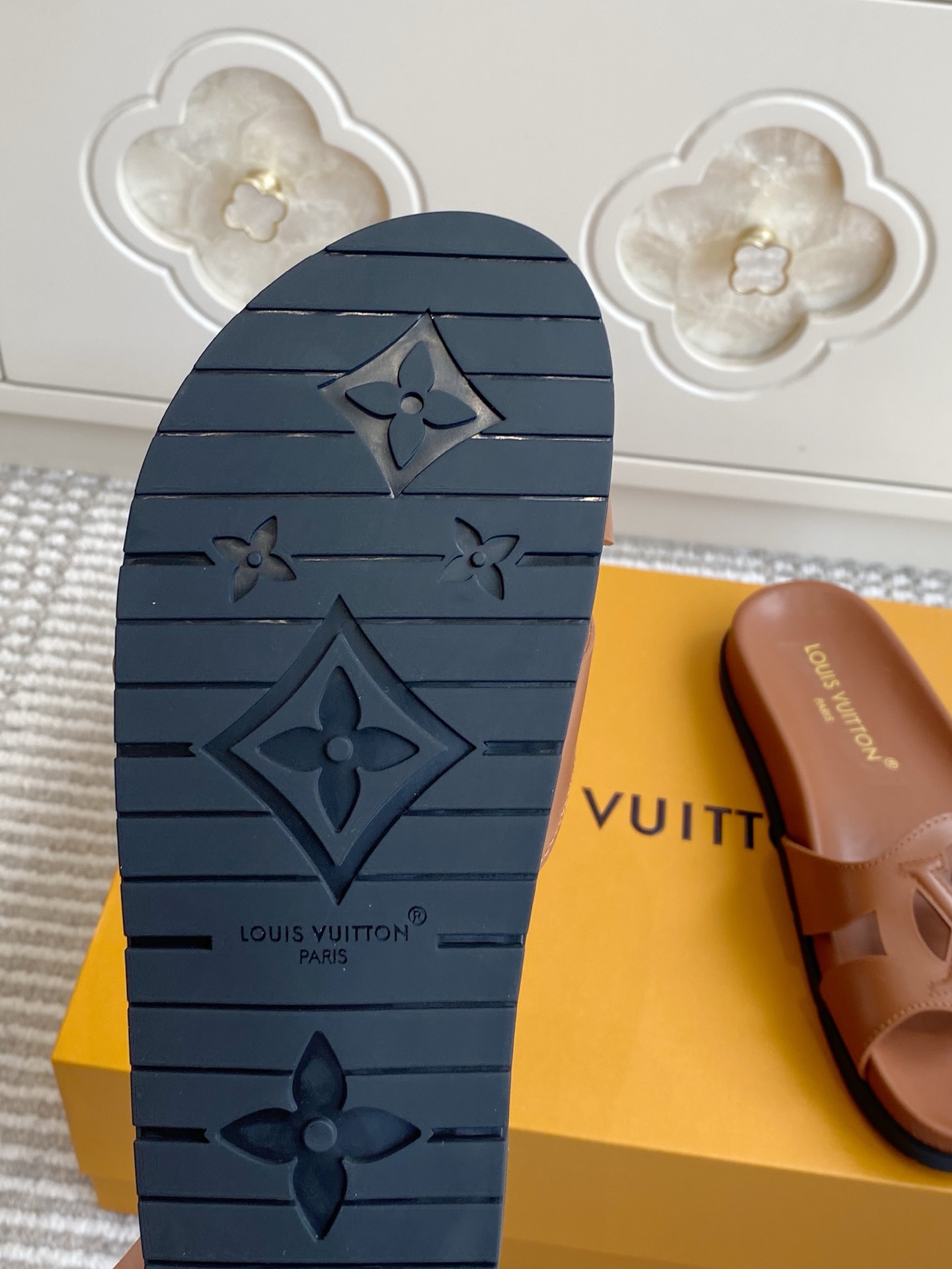 LV Brown Leather Cutout Logo Slide Sandals