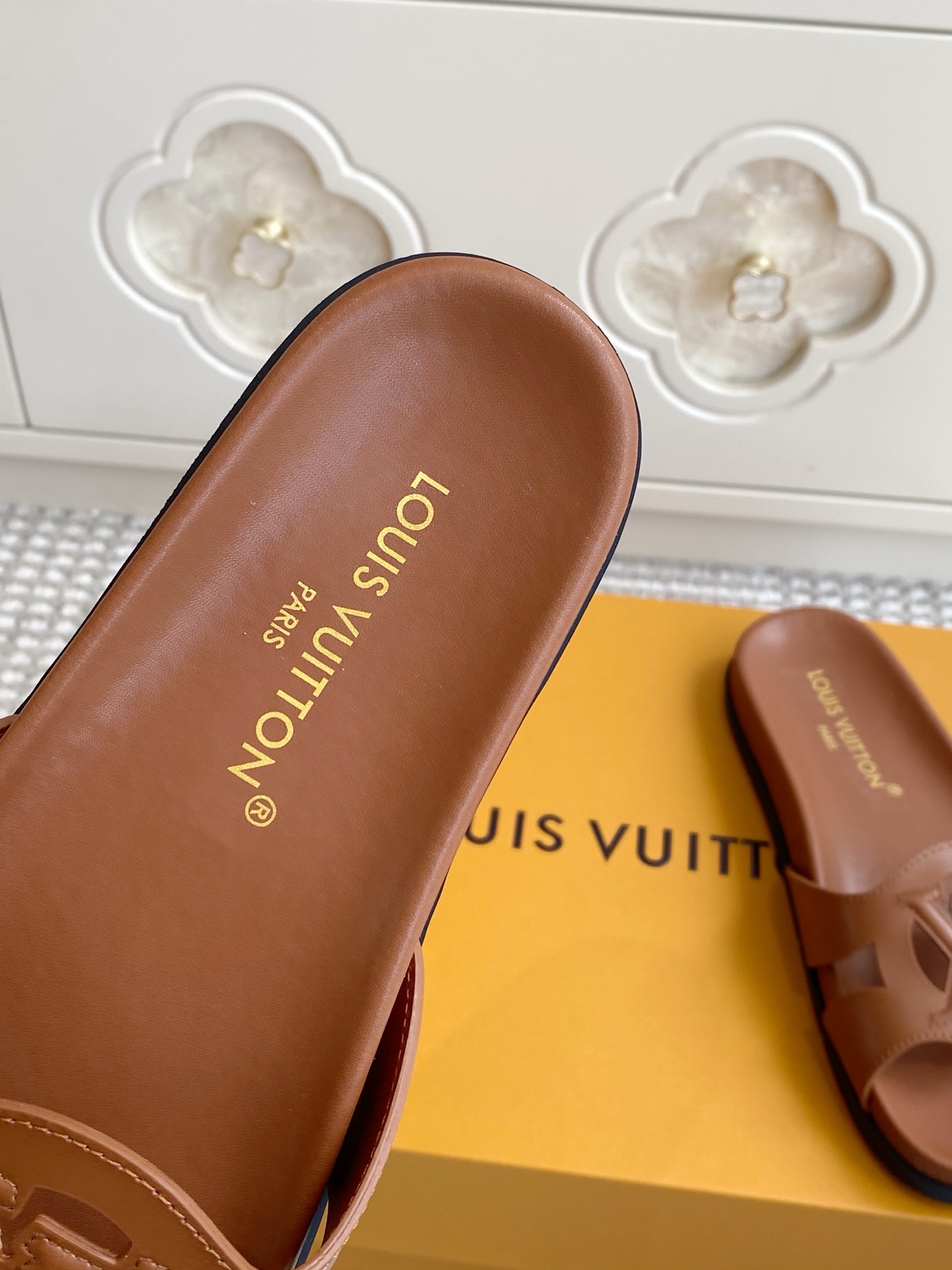 LV Brown Leather Cutout Logo Slide Sandals