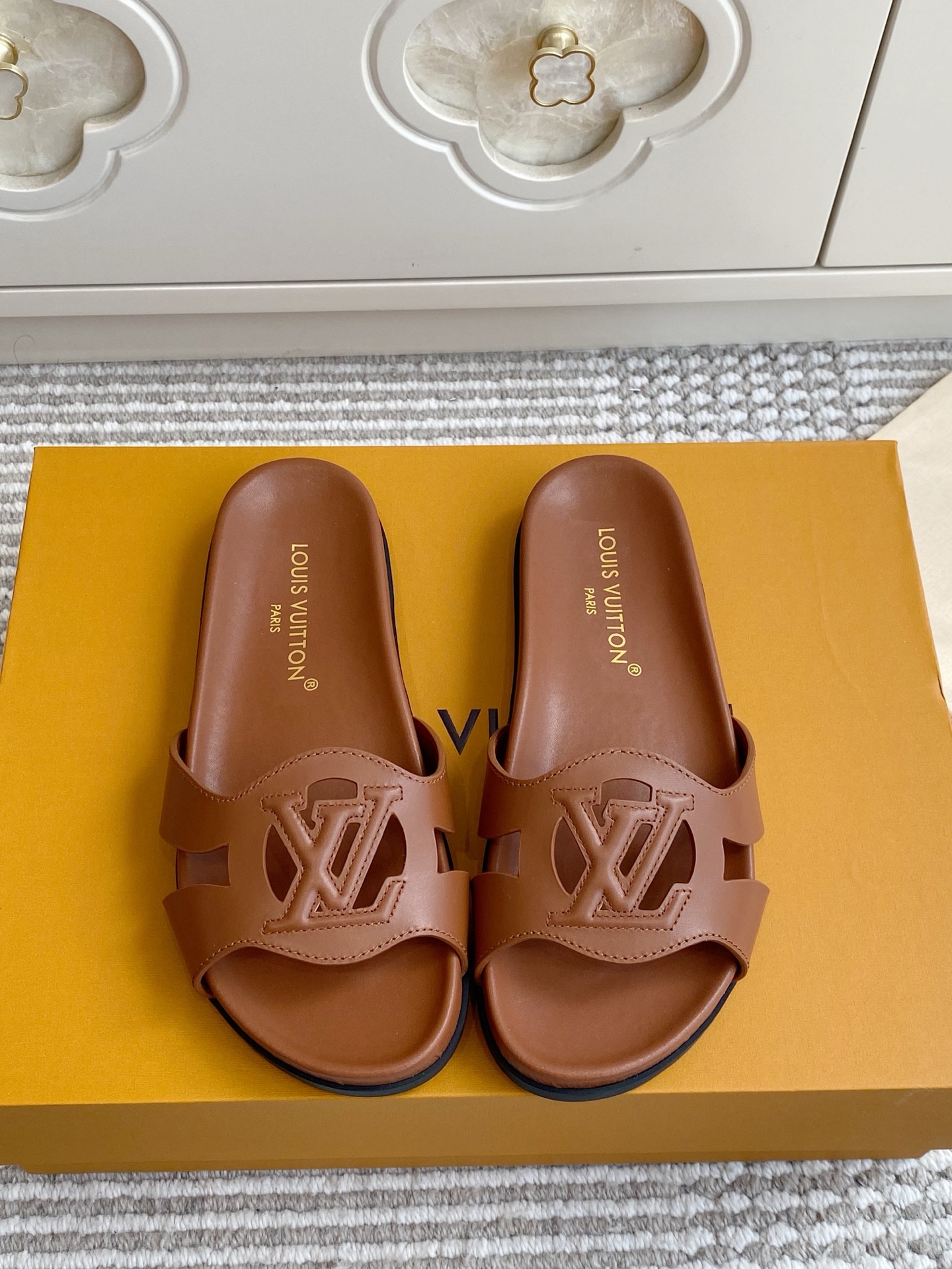 LV Brown Leather Cutout Logo Slide Sandals