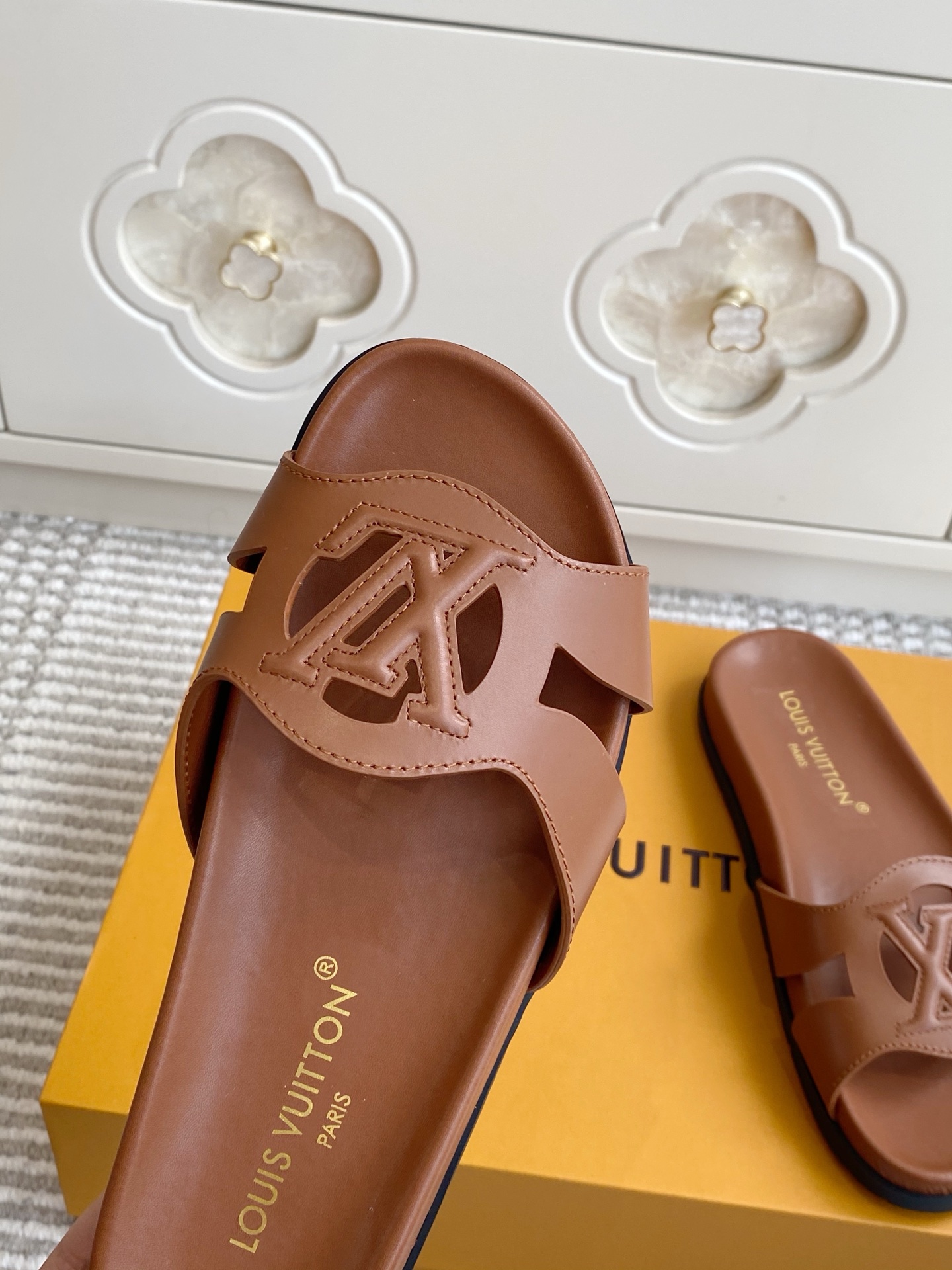 LV Brown Leather Cutout Logo Slide Sandals