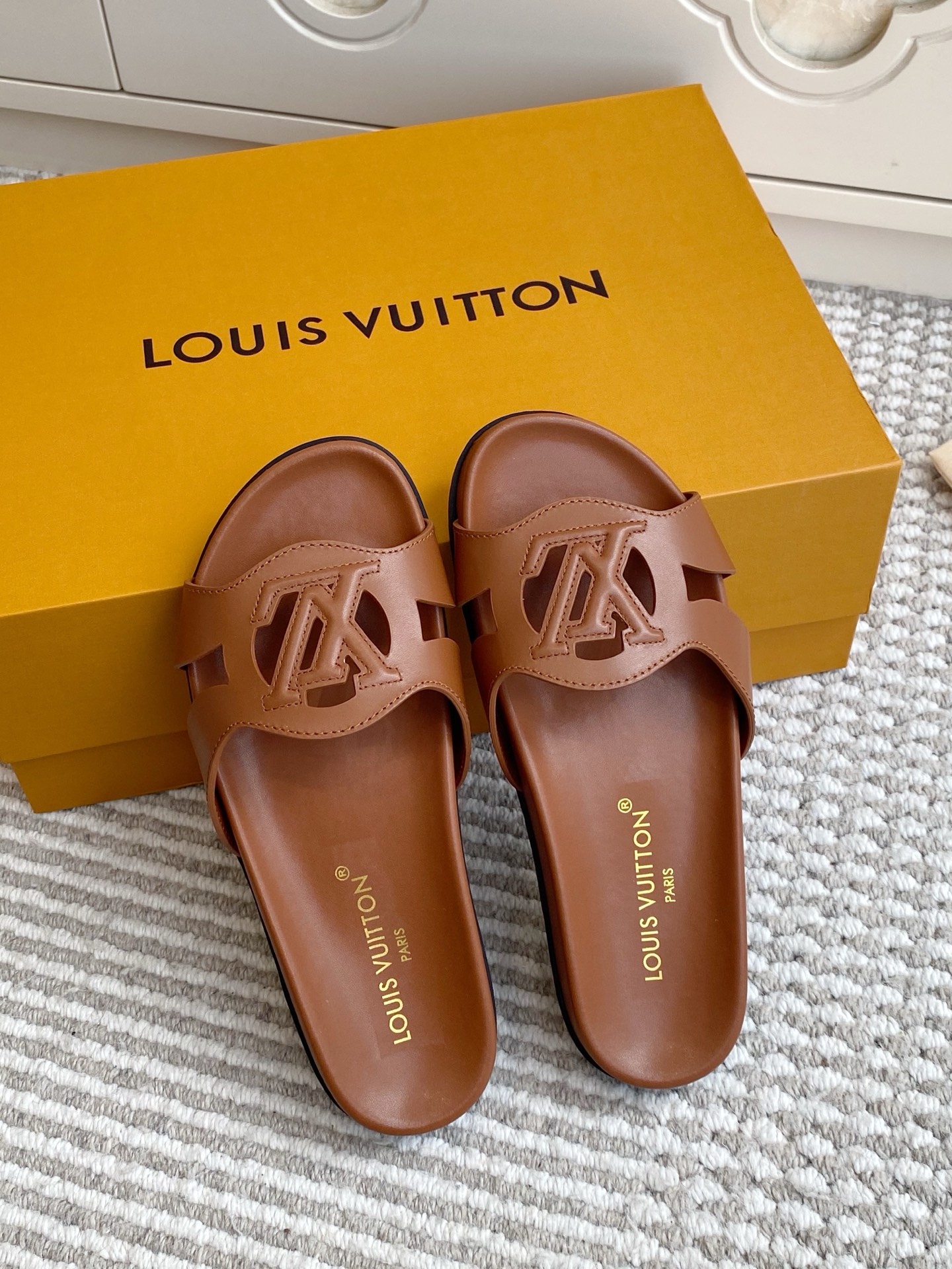 LV Brown Leather Cutout Logo Slide Sandals