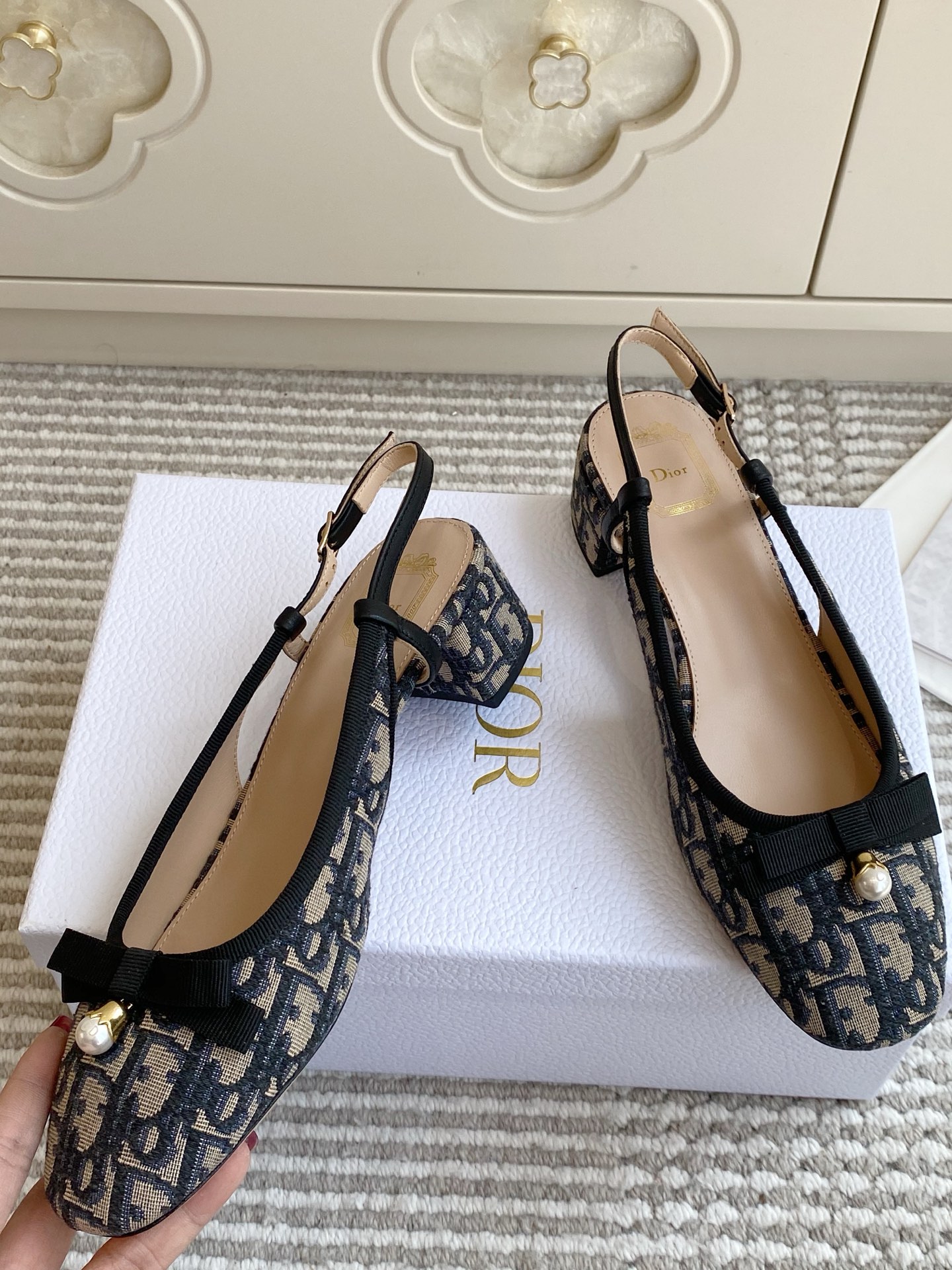 Dior Oblique Bow Slingback Block Heel Pumps