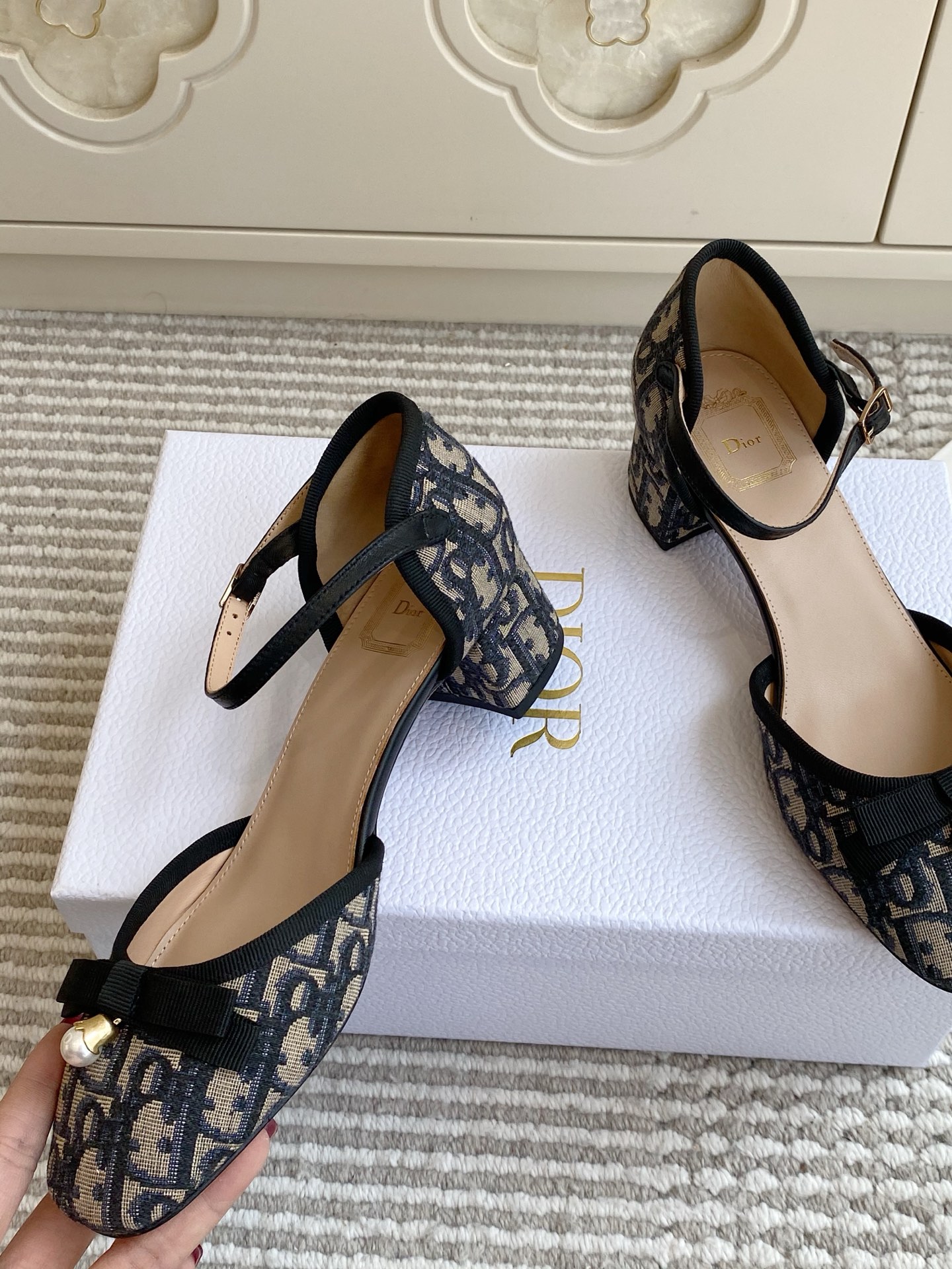 Dior Oblique Bow Ankle Strap Block Heel Pumps