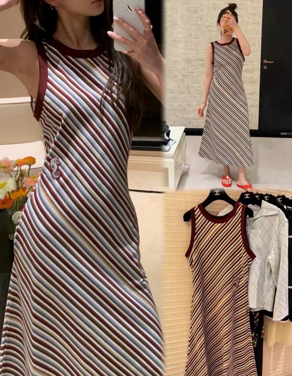 NO:926658,26 spring and summer new products  Xiaoxiang style retro twill knit sleeveless long skirt, burgundy contrasting round neckline outlines the delicate shoulder line, staggered contrasting diagonal stripes bring a retro atmosphere. Delicate elastic knitted fabric is close to the body and draped, and the exquisite embroidered logo on the side hides the brand details, A letter  The pose is casual and stretchable, and can modify the body shape. It is suitable for both leisure and commuting. It is simple and high-end when worn alone. It is full of atmosphere when worn with a small fragrant jacket. It is easy to achieve the French lazy and elegant style. Ready for sale sml, skirts, jackets  & coats,1986090926春夏新品 小香风复古斜纹针织无袖长裙,酒红撞色圆领勾勒精致肩线,错落撞色斜条纹自带复古氛围感.细腻弹力针织面料贴身垂顺,侧边精致刺绣标暗藏品牌细节,A字摆随性舒展、修饰身形.休闲通勤都适配,单穿简约高级,外搭小香外套氛围感拉满,轻松拿捏法式慵懒贵气.现货出售smL,,skirts,jackets & coats,,Women's clothing