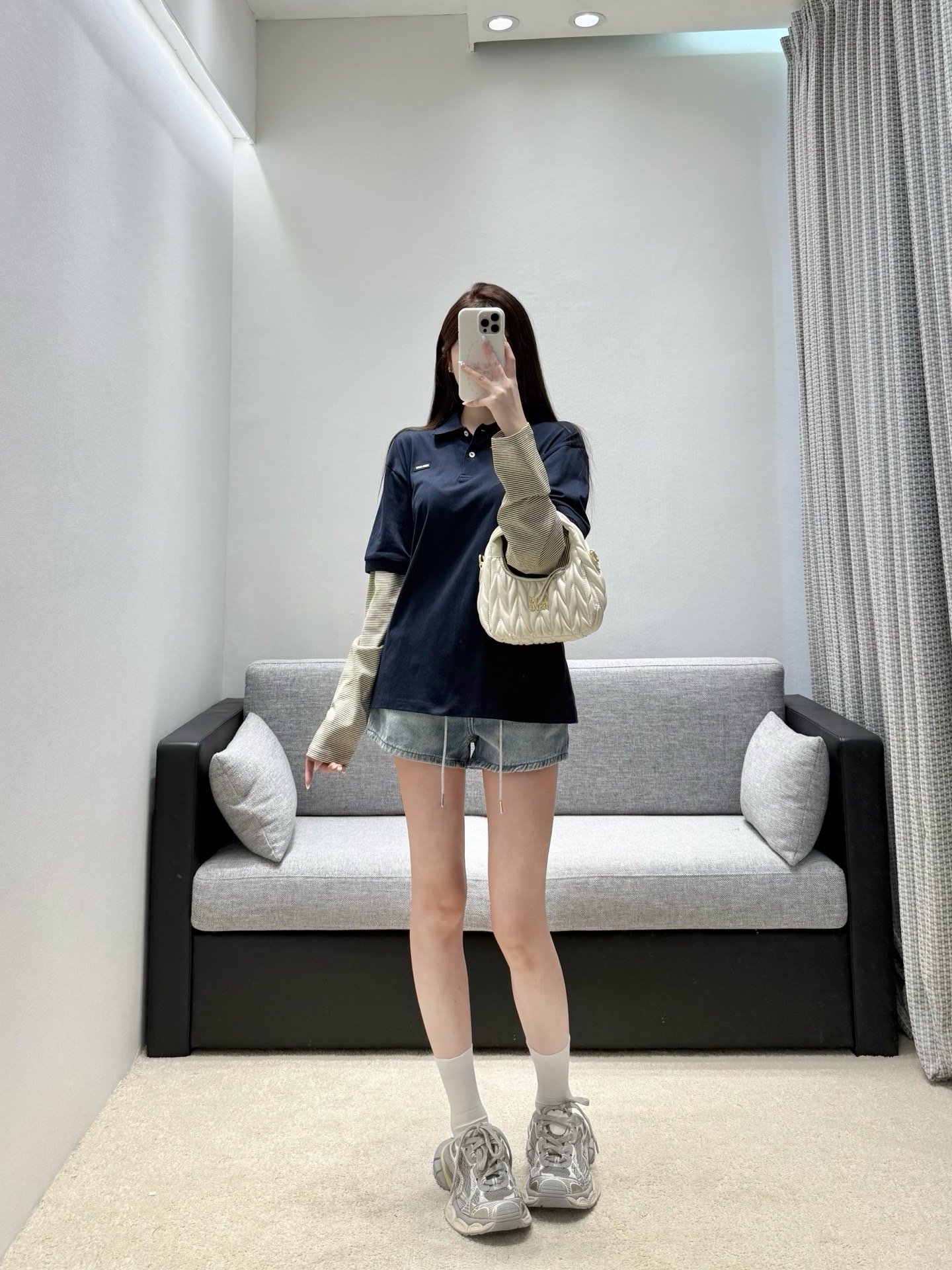 미우미우 네이비 블루 긴팔 투피스 티셔츠 142033 썸네일 이미지