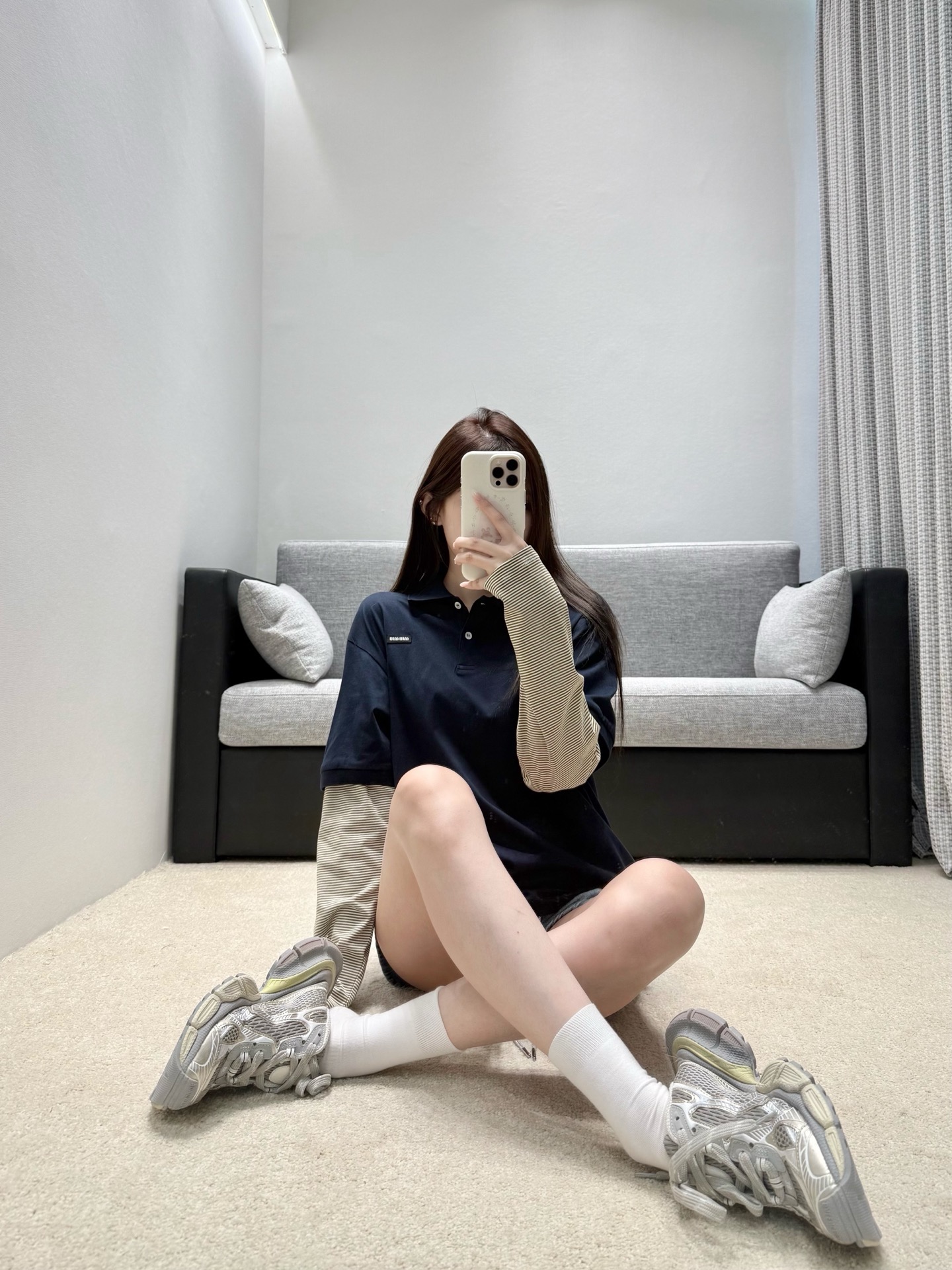미우미우 네이비 블루 긴팔 투피스 티셔츠 142033 썸네일 이미지