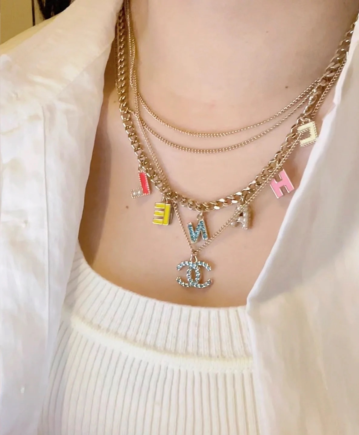NO:359446,CHANEL Xiaoxiang Necklace Medium style replica Colorful letter multi-layer tassel pendant necklace, Chanel necklace, chanel, chanel, necklace19860909CHANEL 小香项链 中古款式复刻 彩色字母多层流苏吊坠项链,香奈儿项链,chanel,chanel,necklace,Jewelry