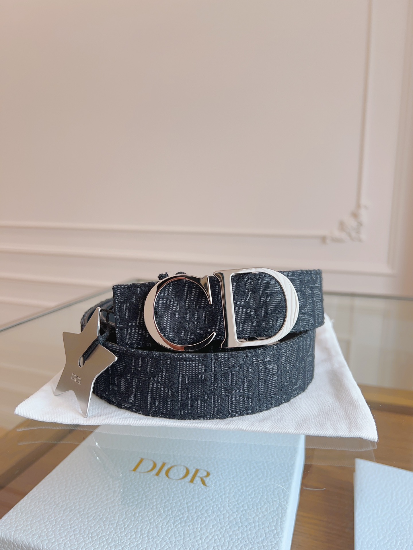 DIOR Oblique Canvas and Black Leather Belt, 3.5 cm Width 1 i1714405431 1522 0