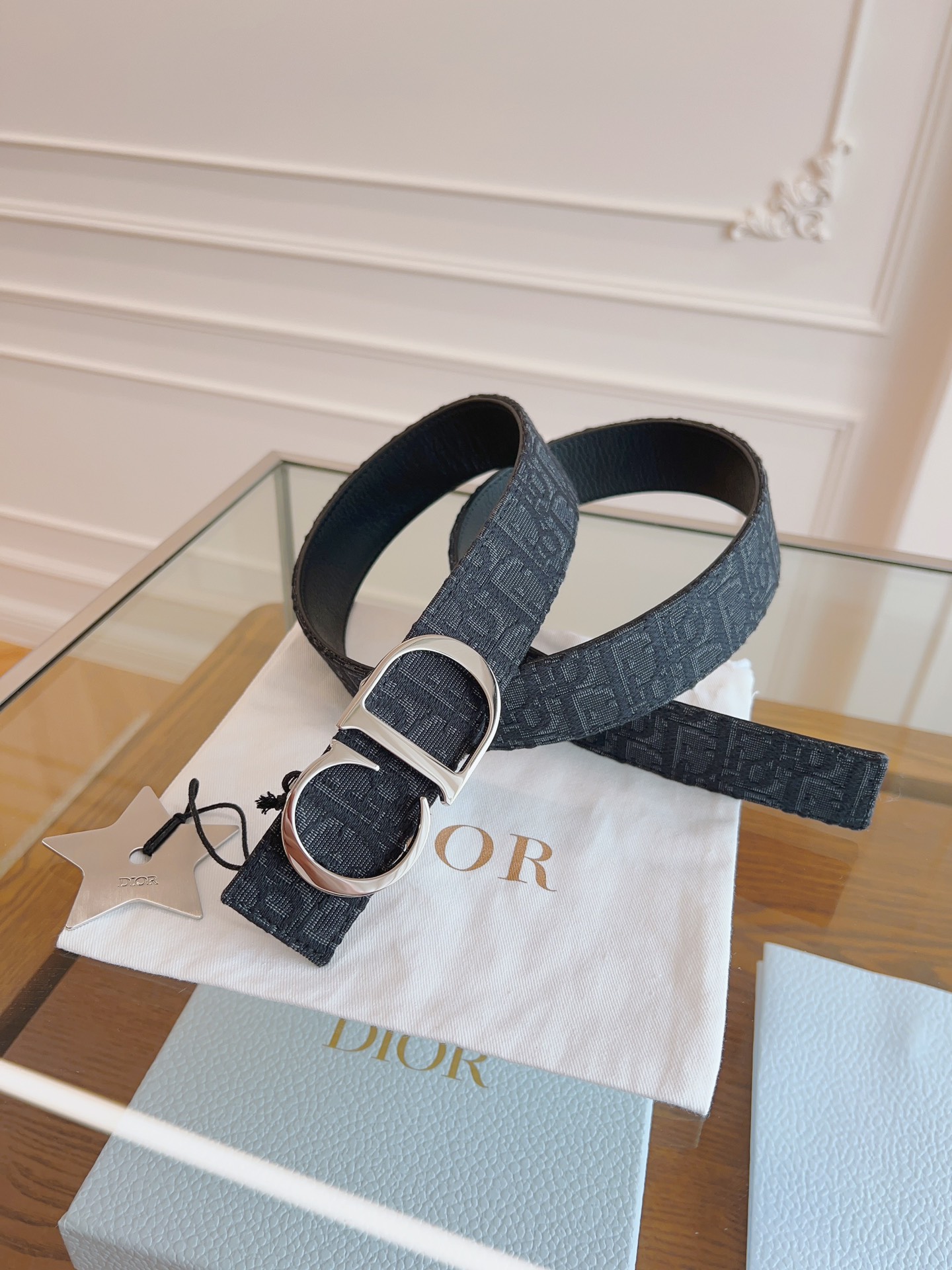 DIOR Oblique Canvas and Black Leather Belt, 3.5 cm Width 2 i1714405431 3857 2
