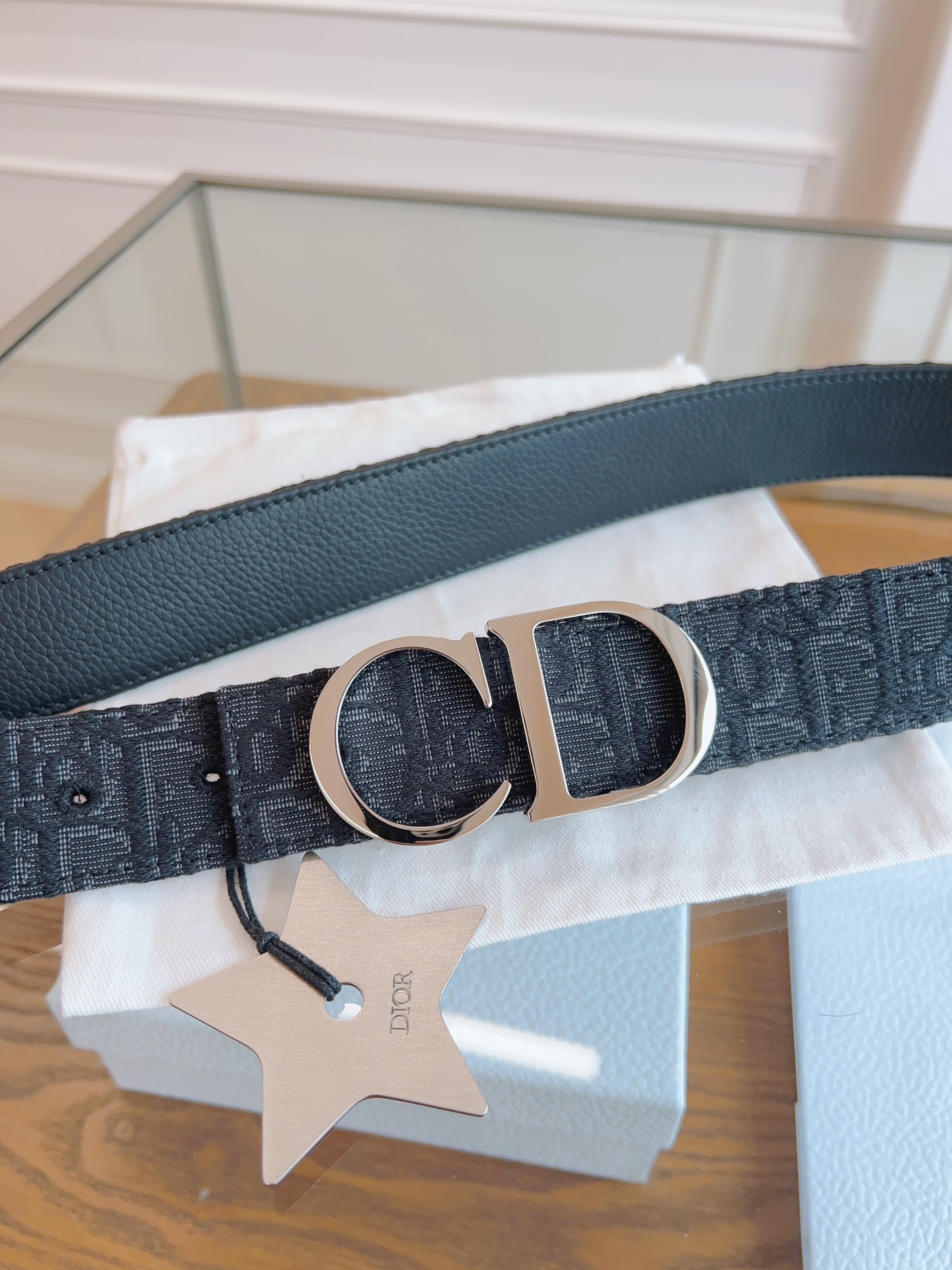 DIOR Oblique Canvas and Black Leather Belt, 3.5 cm Width 7 i1714405431 5070 4
