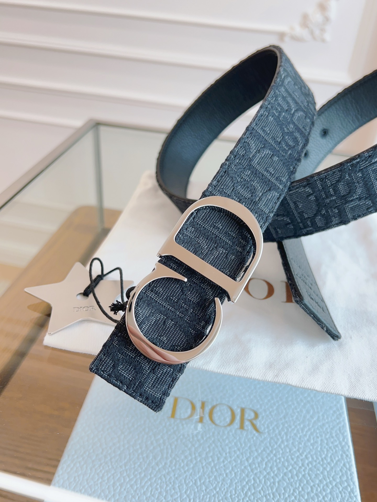 DIOR Oblique Canvas and Black Leather Belt, 3.5 cm Width 3 i1714405431 5603 3