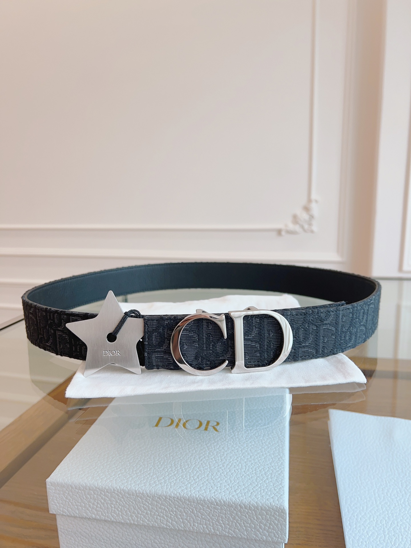 DIOR Oblique Canvas and Black Leather Belt, 3.5 cm Width 6 i1714405431 7599 8