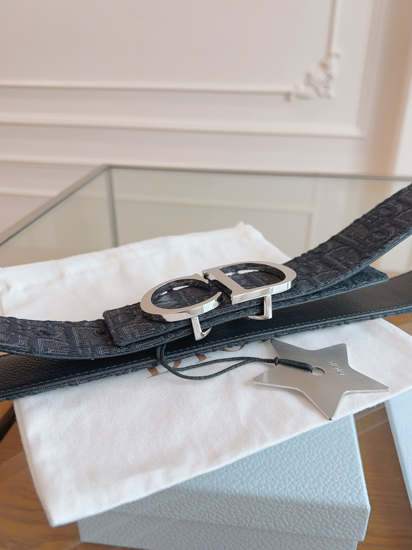 DIOR Oblique Canvas and Black Leather Belt, 3.5 cm Width 5 i1714405431 9512 5
