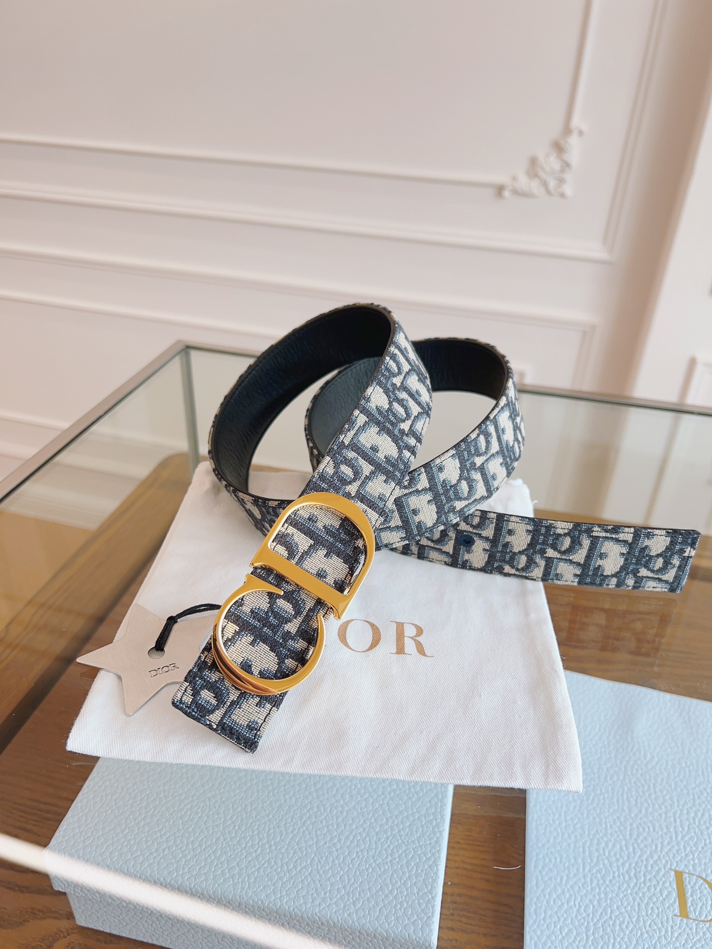 DIOR Oblique Canvas and Black Leather Belt with CD Buckle, 3.5 cm 3 i1714405634 6753 0