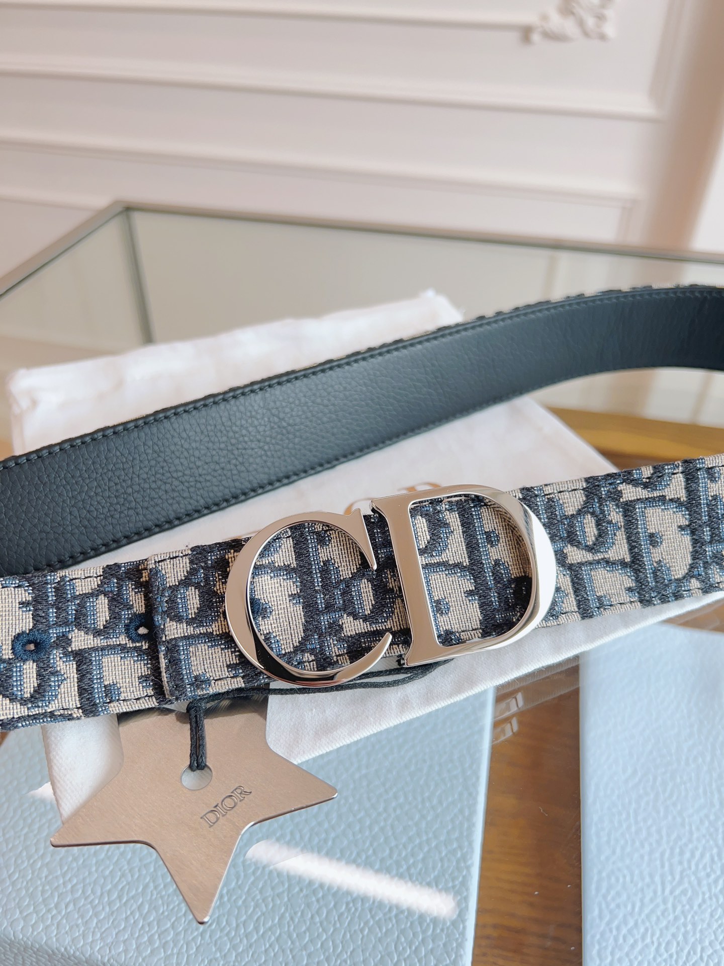 Dior Oblique Canvas Belt, 3.5cm - Blue Fabric and Black Leather 6 i1714405700 2432 7