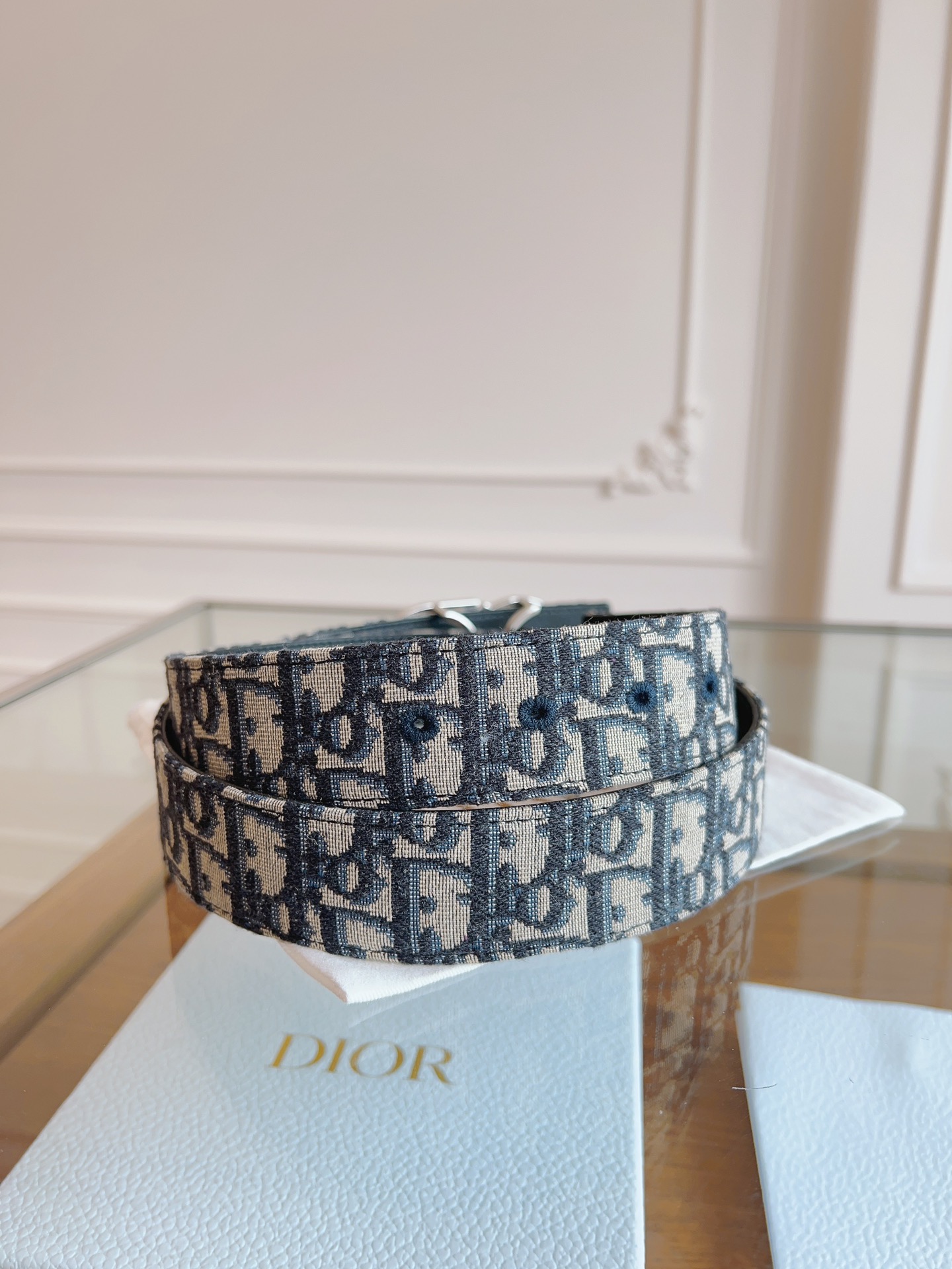 Dior Oblique Canvas Belt, 3.5cm - Blue Fabric and Black Leather 8 i1714405700 3015 4