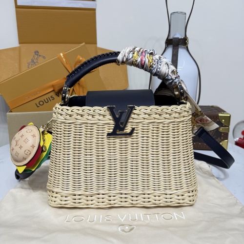 Louis Vuitton Capucines BB Wicker Bag, Navy Blue & Beige, 27 x 18 x 9 cm 1 Louis Vuitton Capucines BB Wicker Bag, Navy Blue & Beige, 27 x 18 x 9 cm