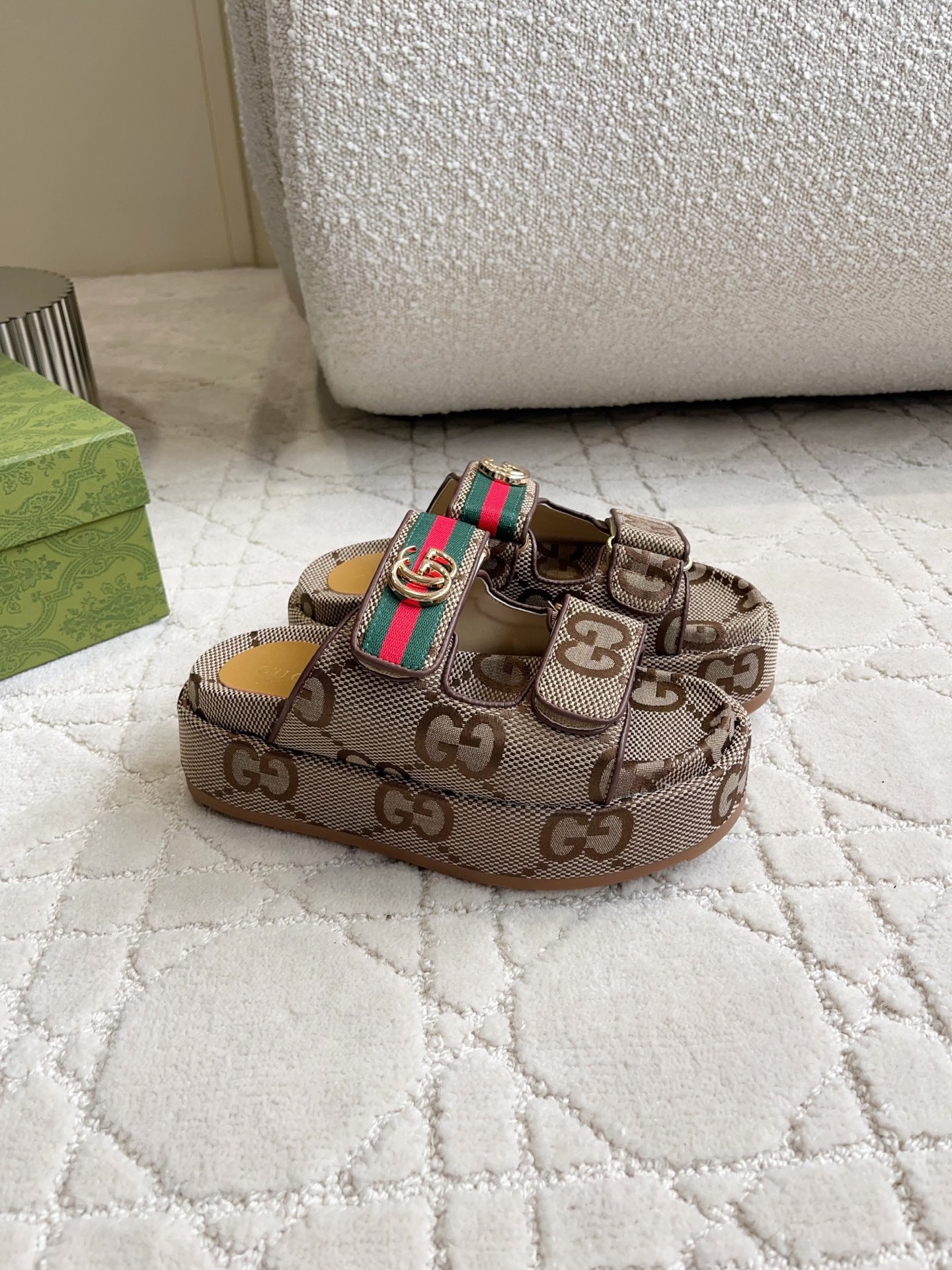 Gucci GG Canvas Web Stripe Platform Slide Sandals