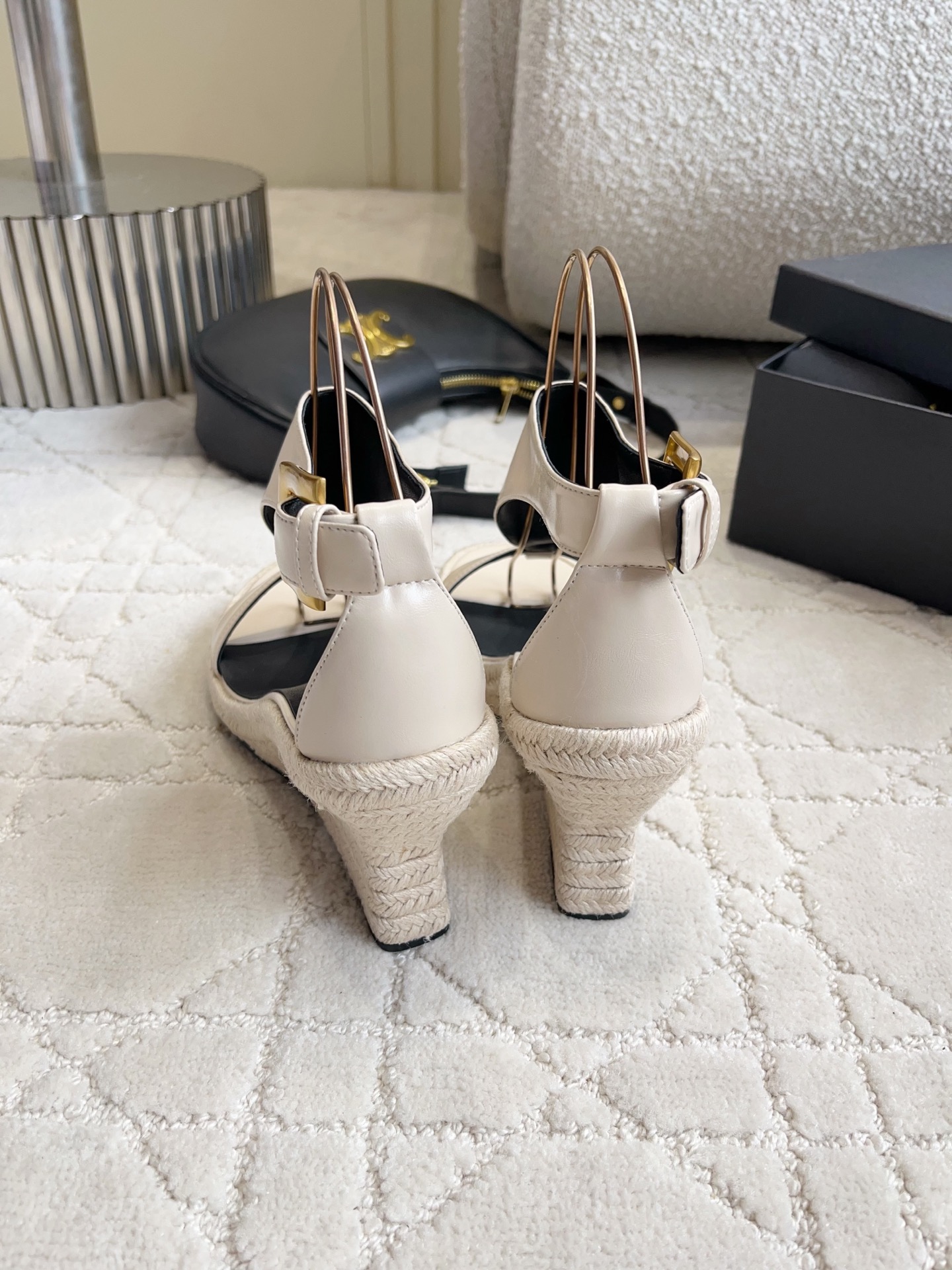 Balmain T-Strap Jute Wedge Sandals