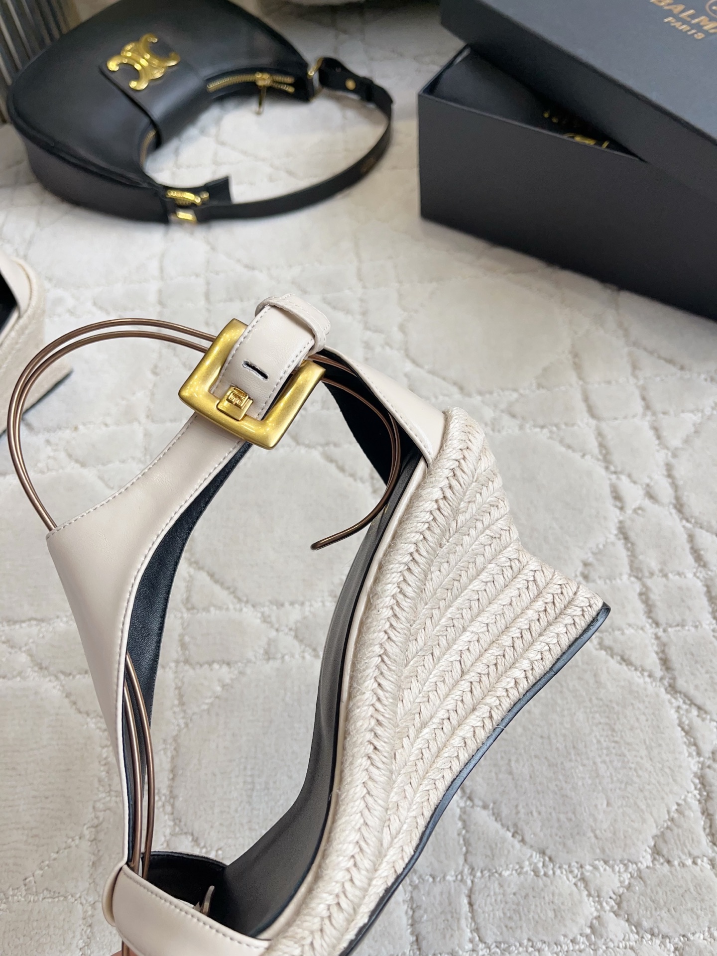 Balmain T-Strap Jute Wedge Sandals