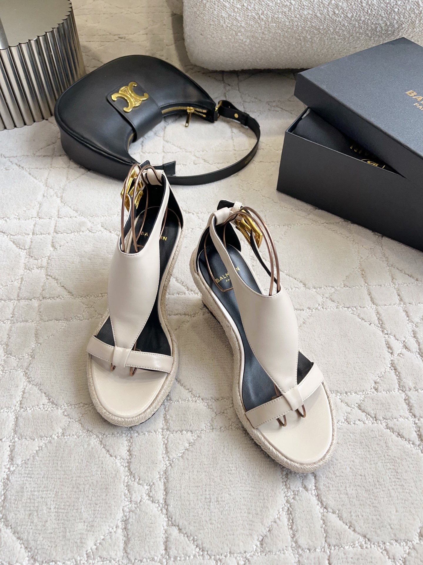 Balmain T-Strap Jute Wedge Sandals