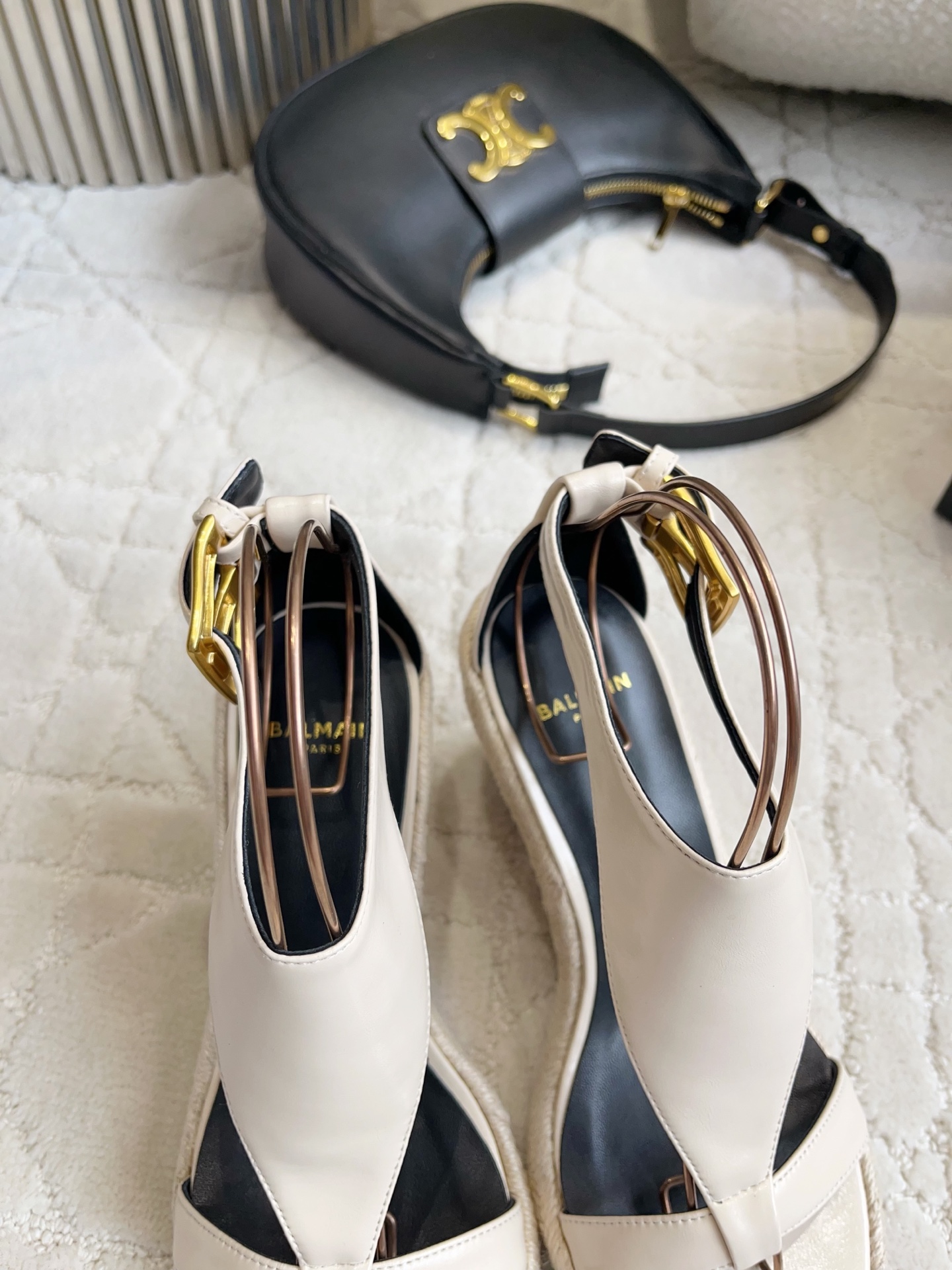 Balmain T-Strap Jute Wedge Sandals