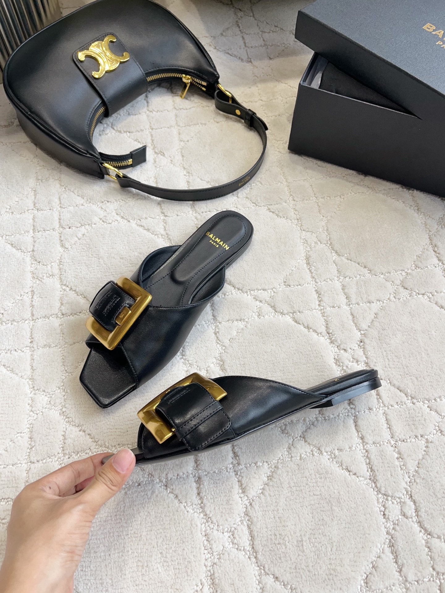 Balmain Gold Buckle Flat Slides