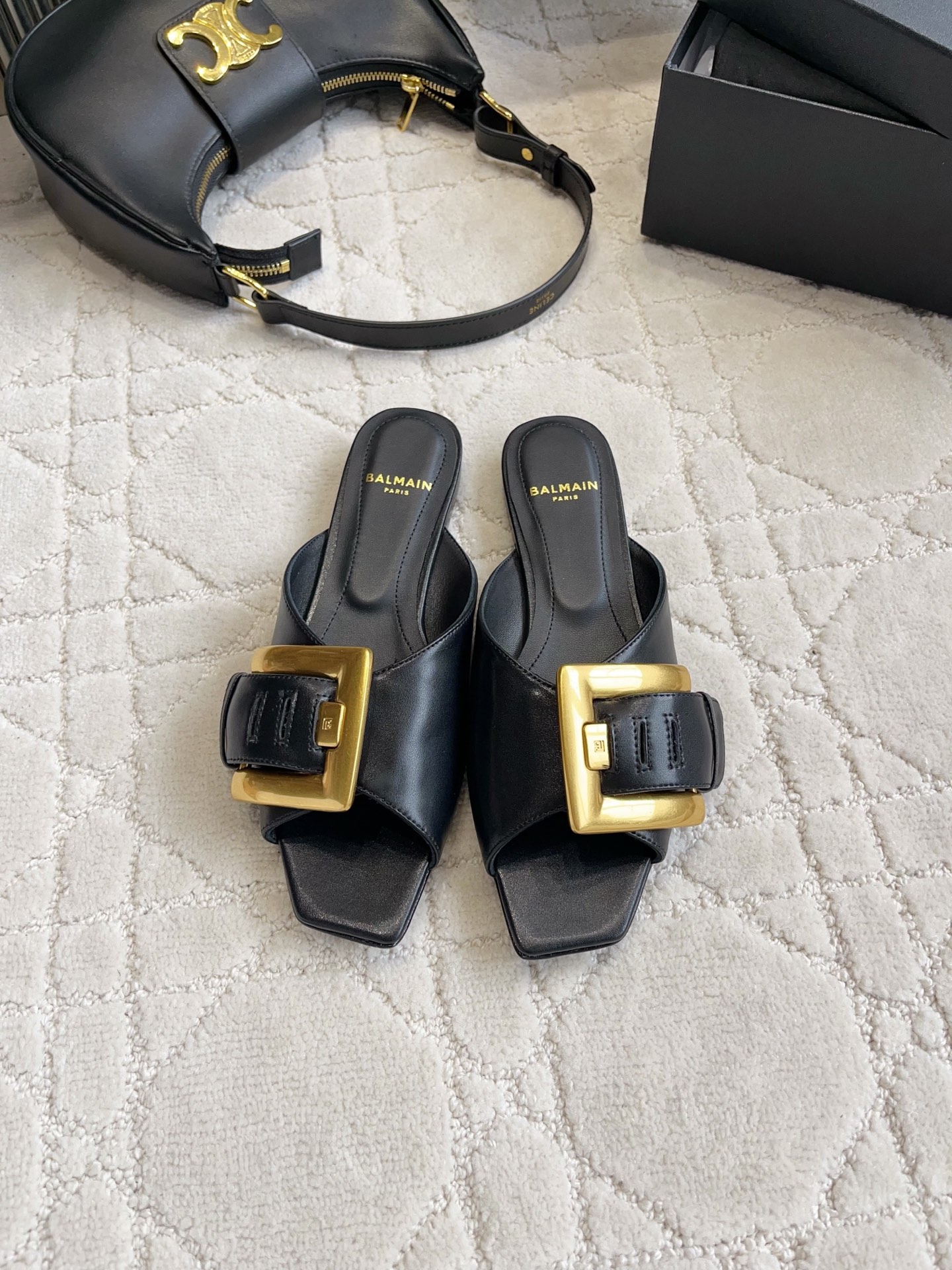 Balmain Gold Buckle Flat Slides
