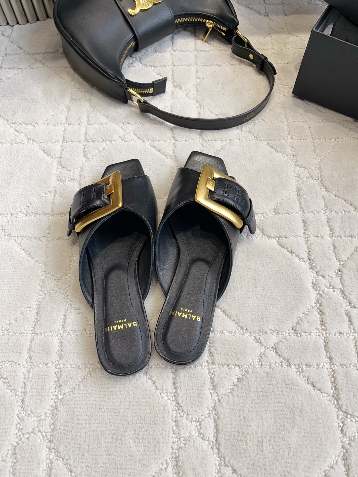 Balmain Gold Buckle Flat Slides