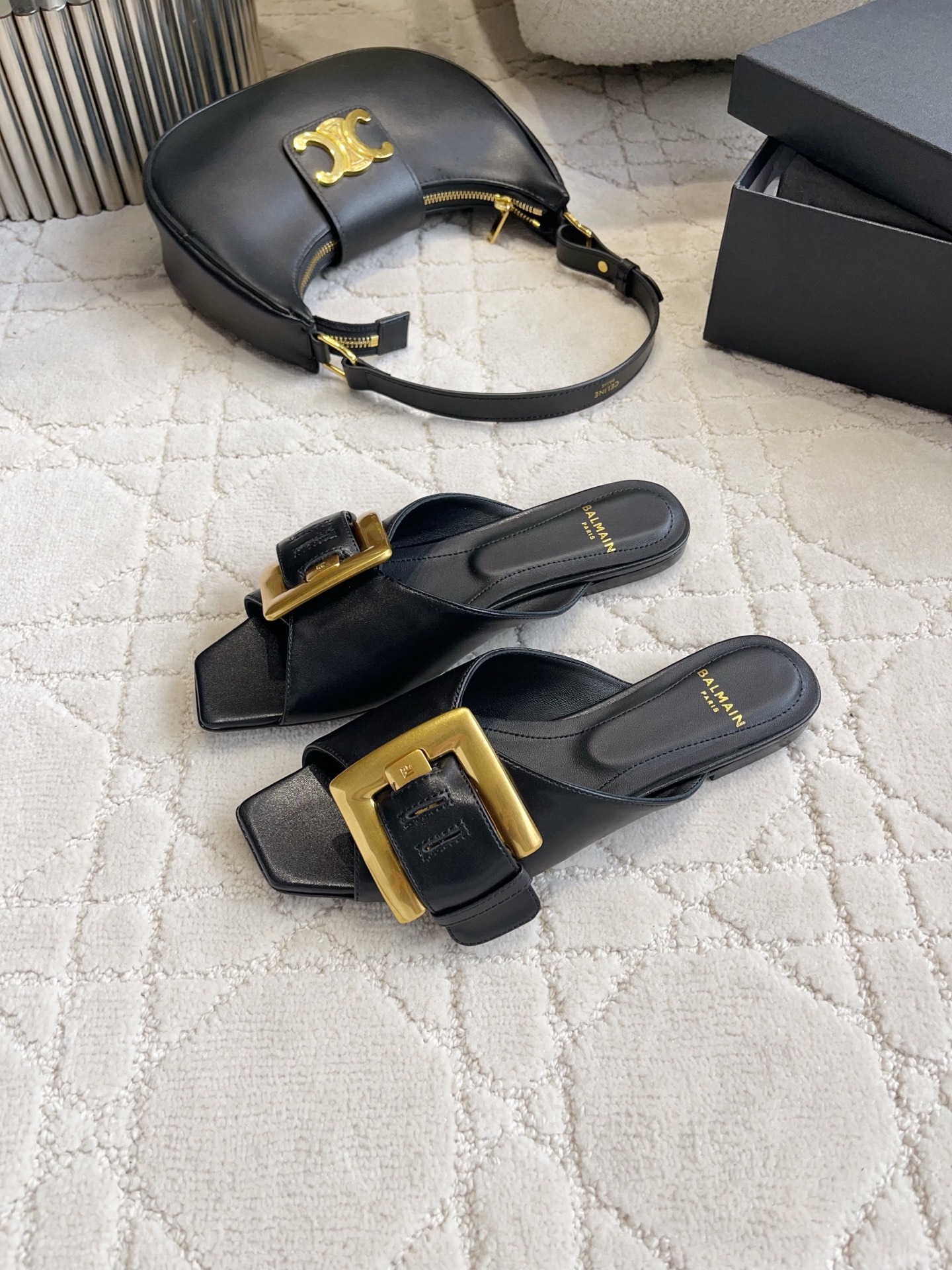Balmain Gold Buckle Flat Slides