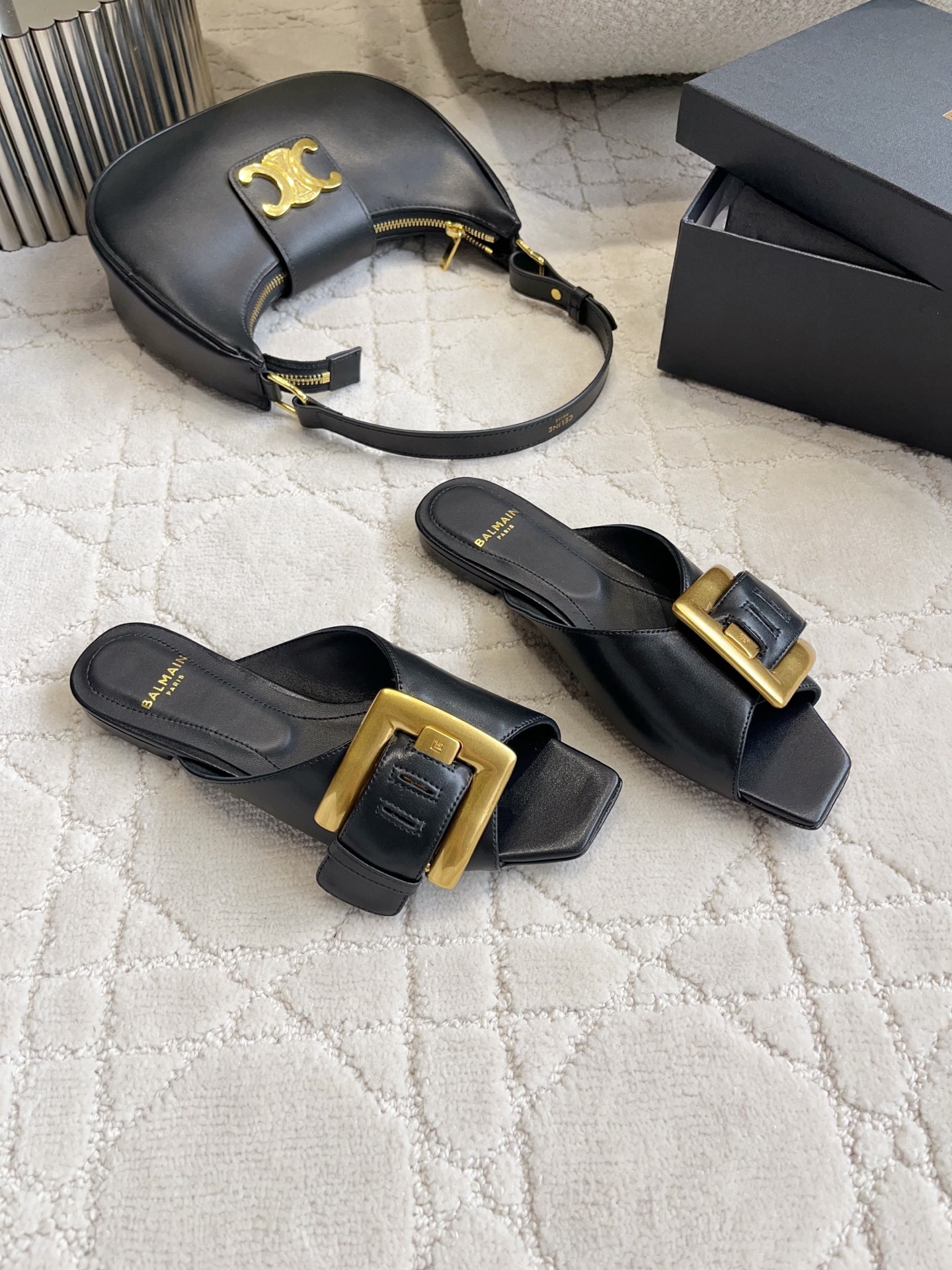Balmain Gold Buckle Flat Slides