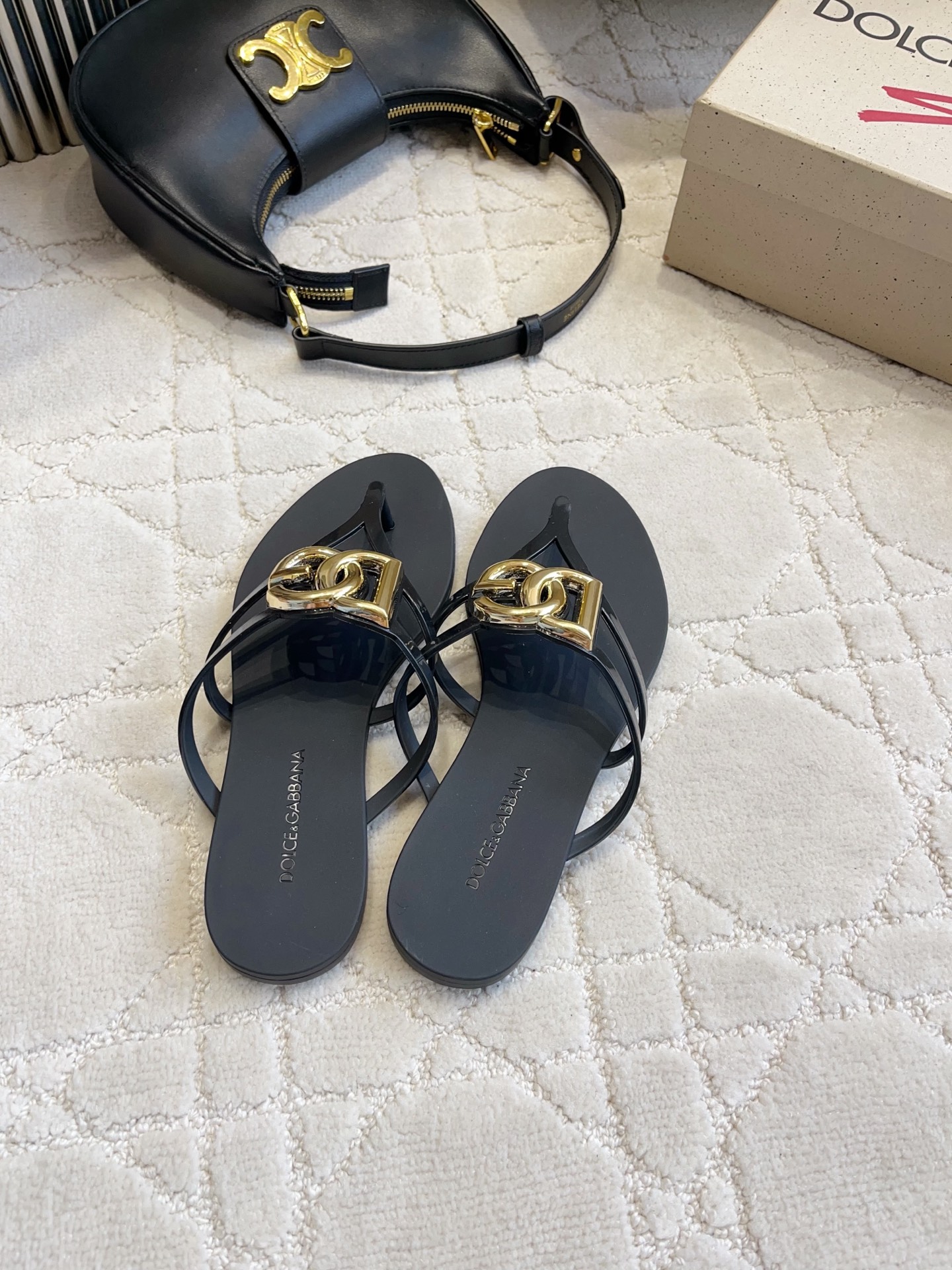 D&G Black DG Logo Jelly Flip Flops