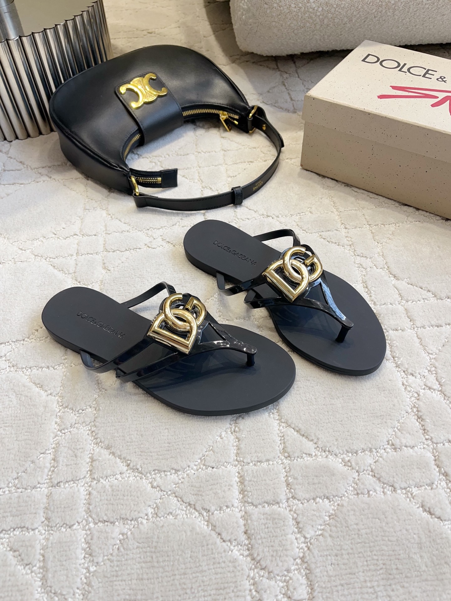 D&G Black DG Logo Jelly Flip Flops