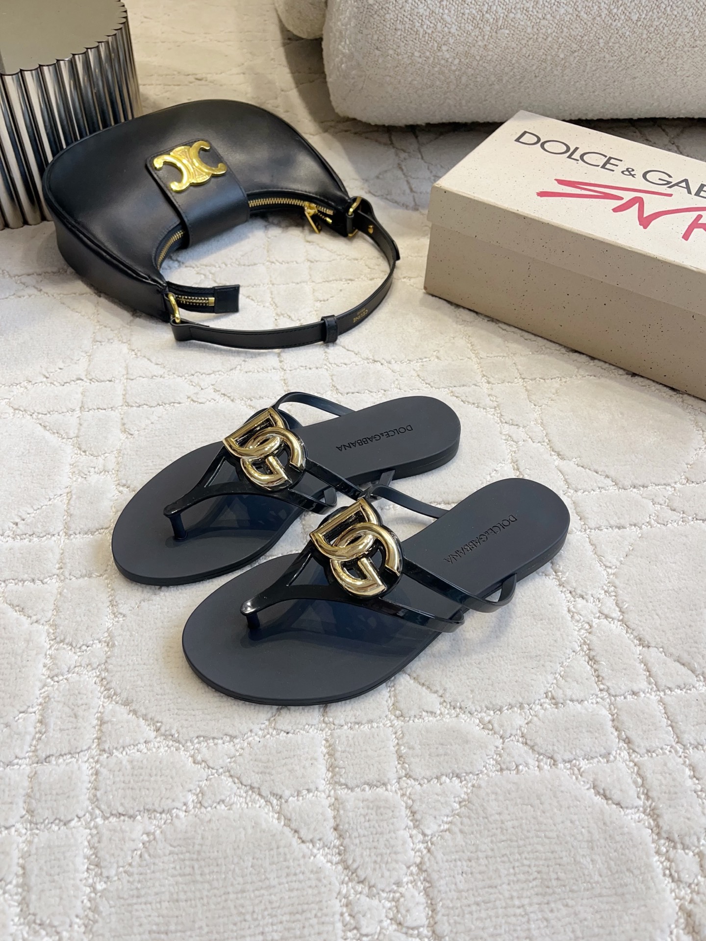 D&G Black DG Logo Jelly Flip Flops