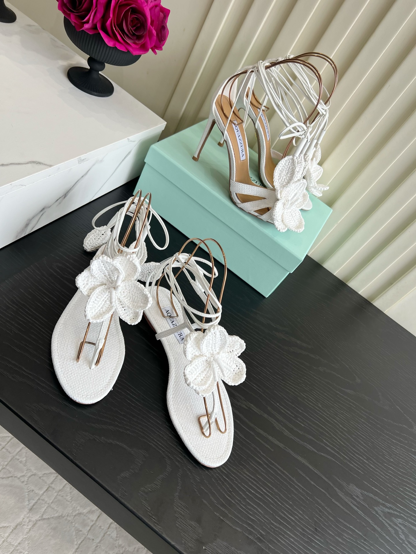 Aquazzura Crochet Flower Ankle Tie Heel Sandals
