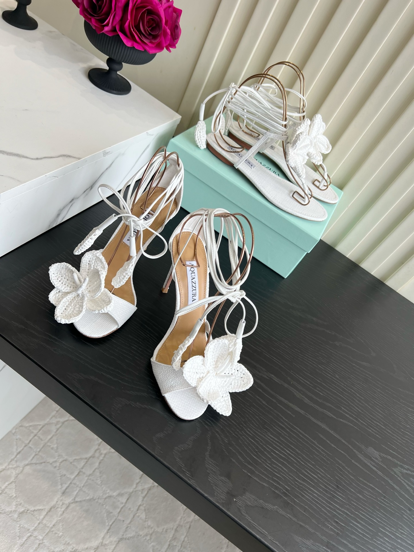 Aquazzura Crochet Flower Ankle Tie Heel Sandals