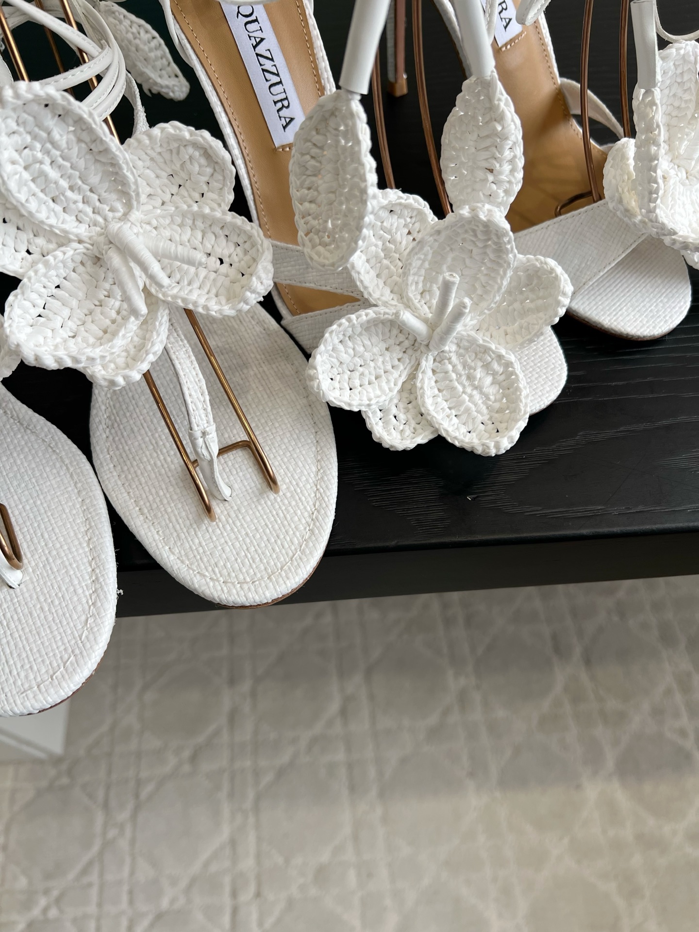 Aquazzura Crochet Flower Ankle Tie Heel Sandals